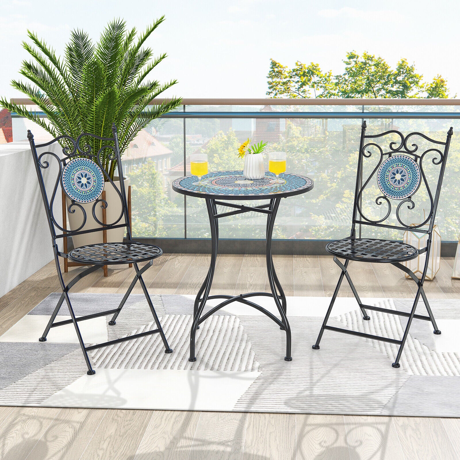 3 Piece Patio Bistro Set, Mosaic Pattern, Blue - Image 3