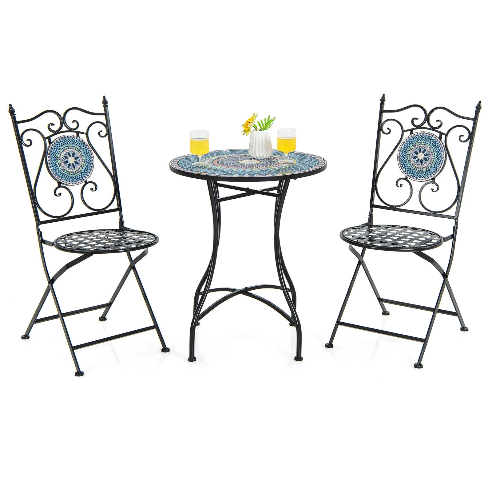 3 Piece Patio Bistro Set, Mosaic Pattern, Blue - Image 4