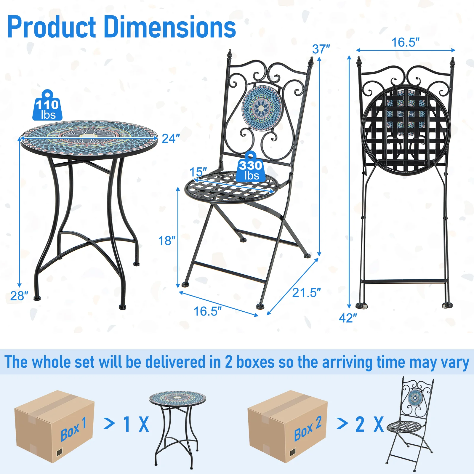 3 Piece Patio Bistro Set, Mosaic Pattern, Blue - Image 6
