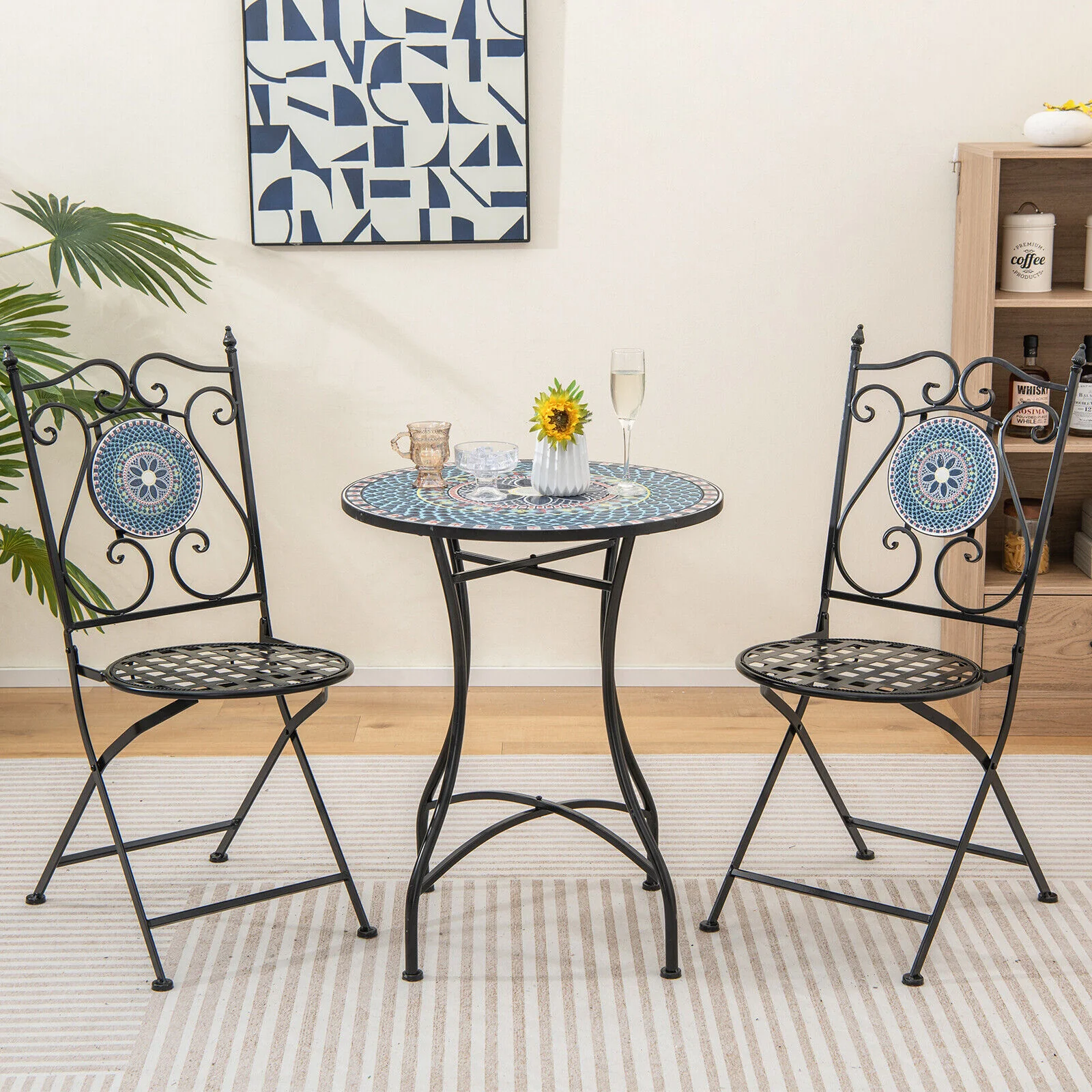 3 Piece Patio Bistro Set, Mosaic Pattern, Blue - Image 7