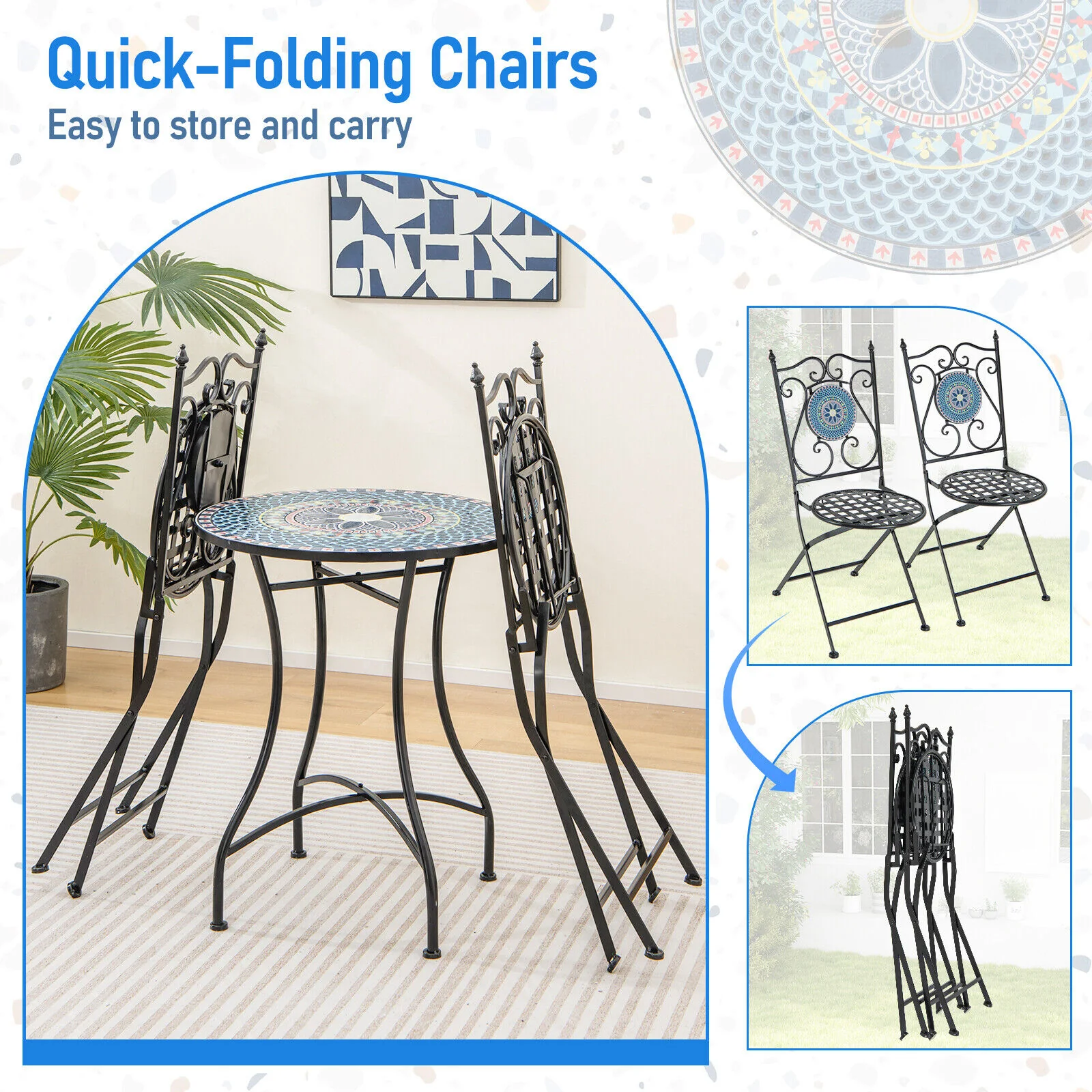 3 Piece Patio Bistro Set, Mosaic Pattern, Blue - Image 9