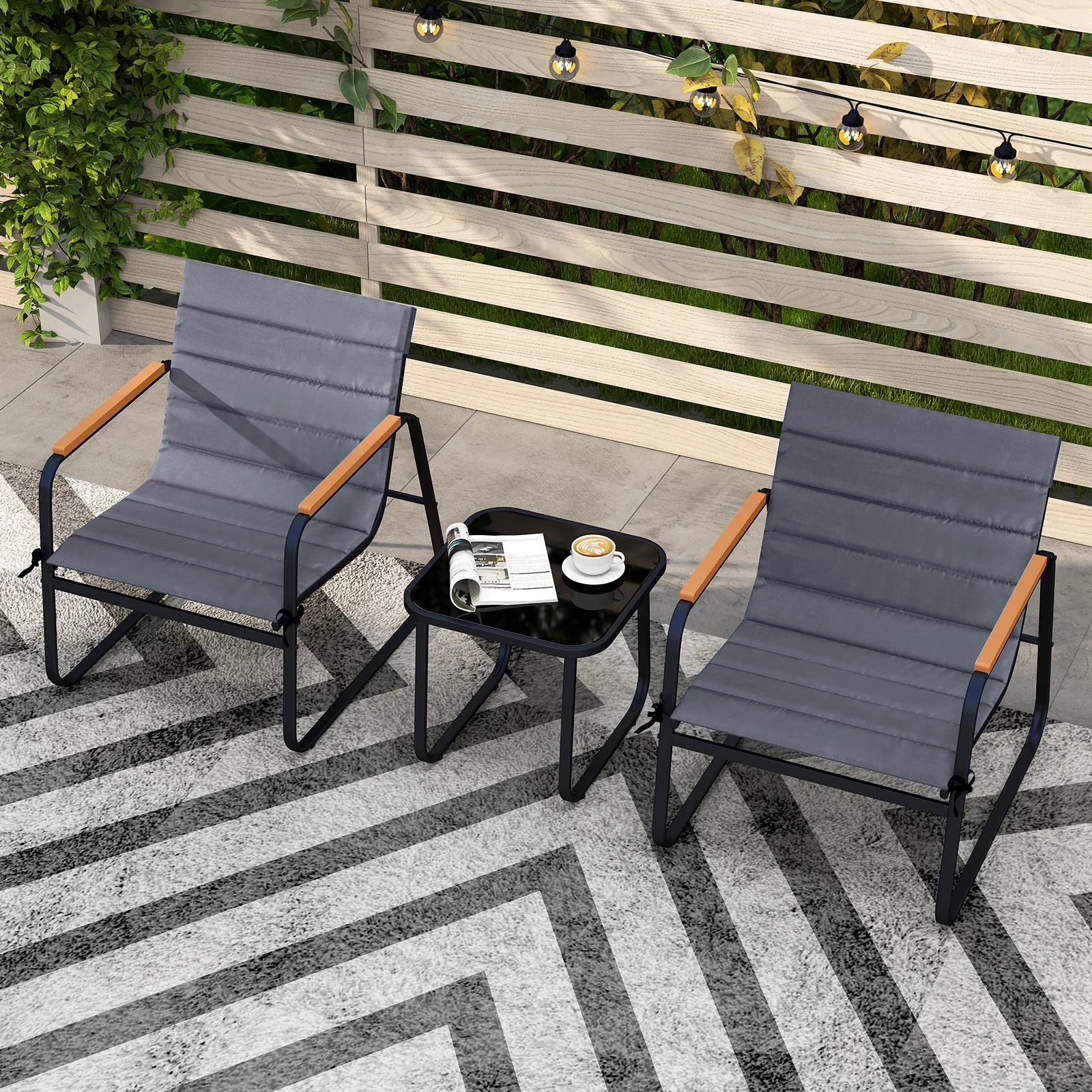 3 Piece Patio Bistro Set, Outdoor Fabric Conversation Set, Gray - Image 3