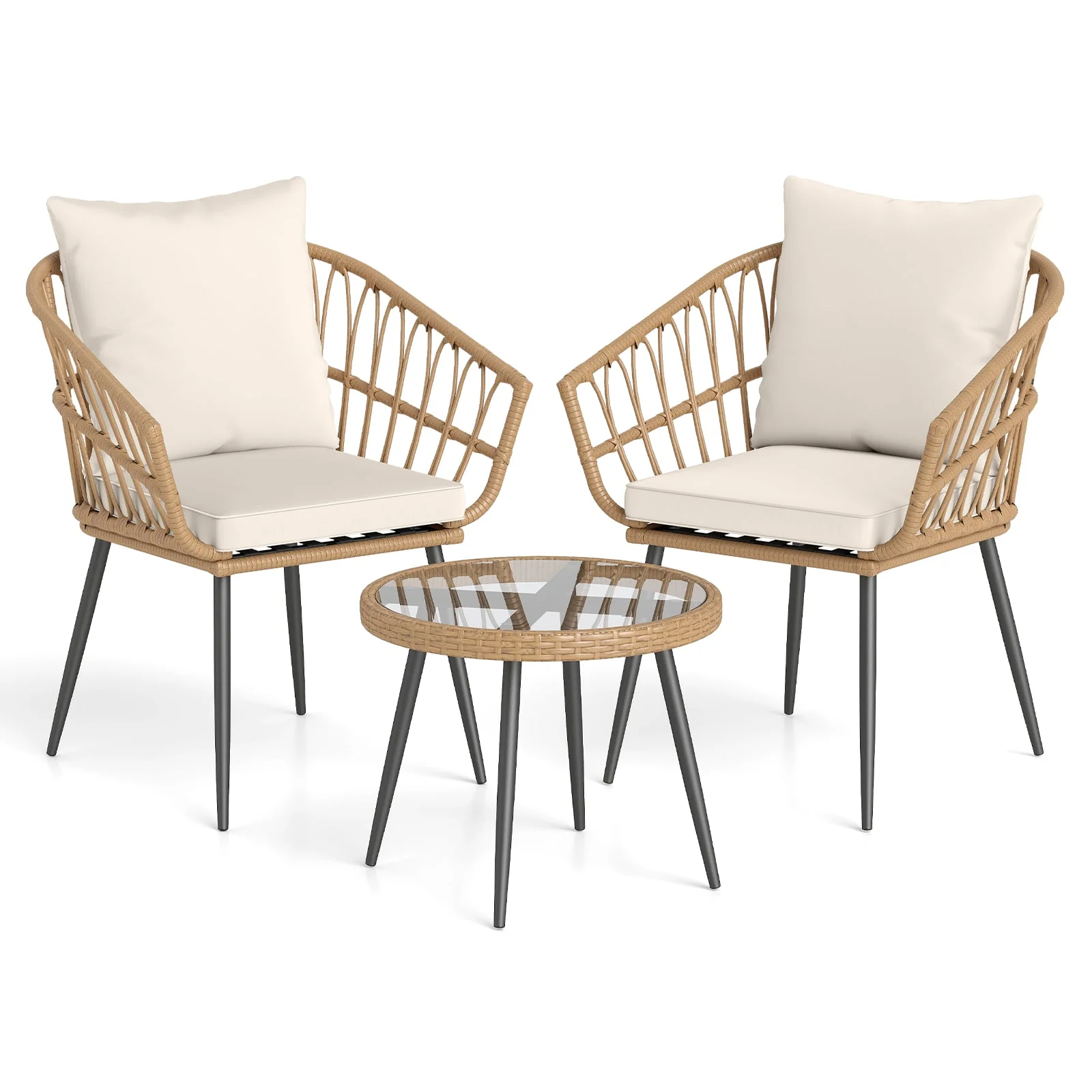 3 Piece Patio Bistro Set, PE Rattan Chairs, Tempered Glass Table, Natural