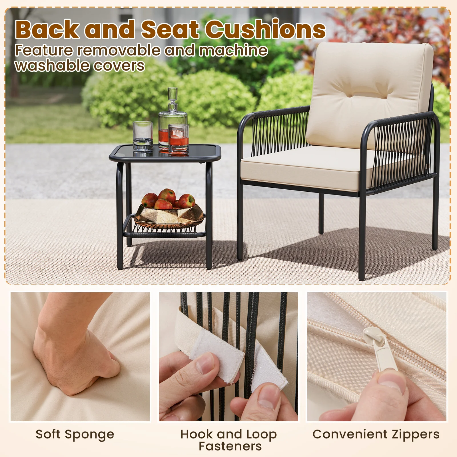 3 Piece Patio Bistro Set, PE Wicker Rattan, Beige - Image 10