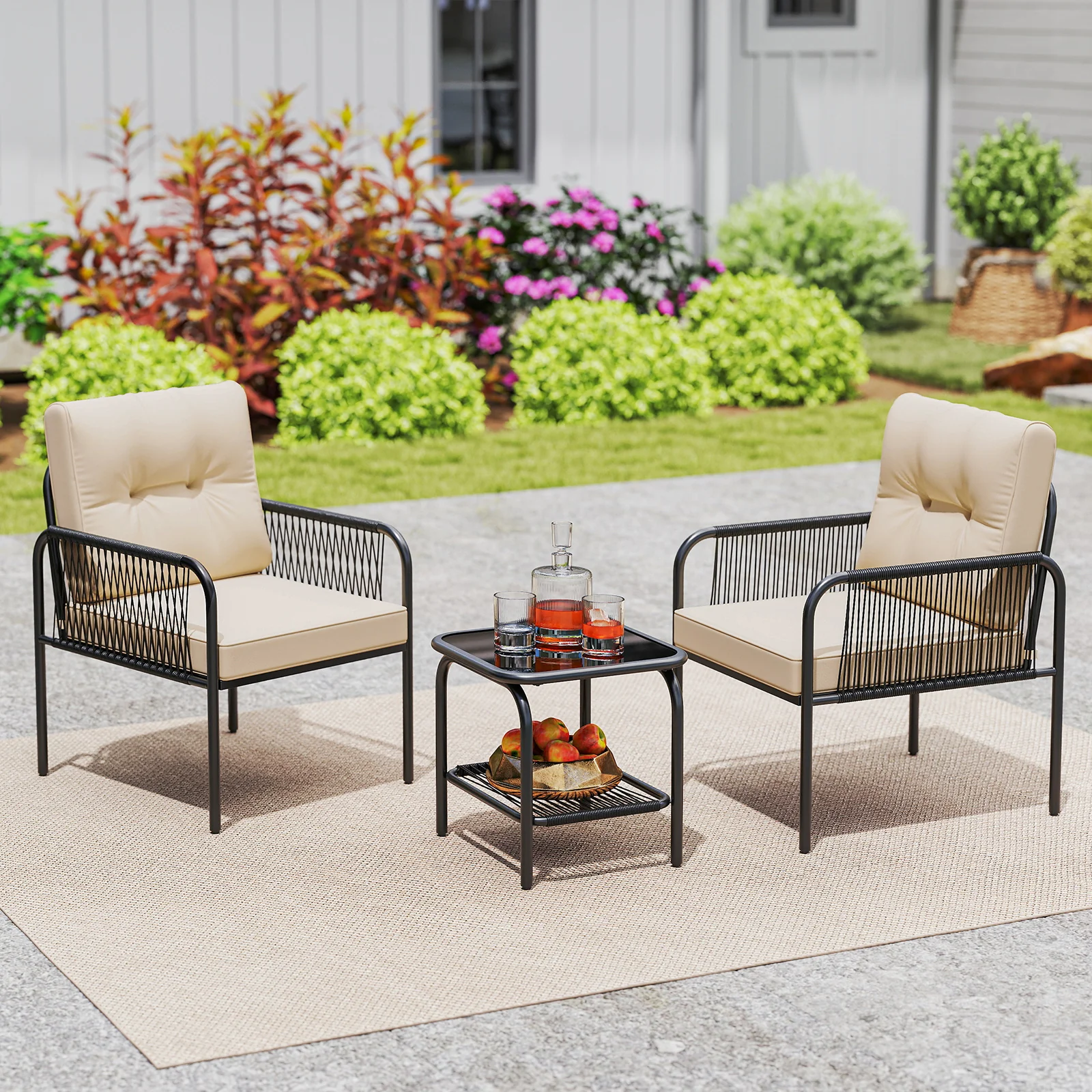 3 Piece Patio Bistro Set, PE Wicker Rattan, Beige - Image 2