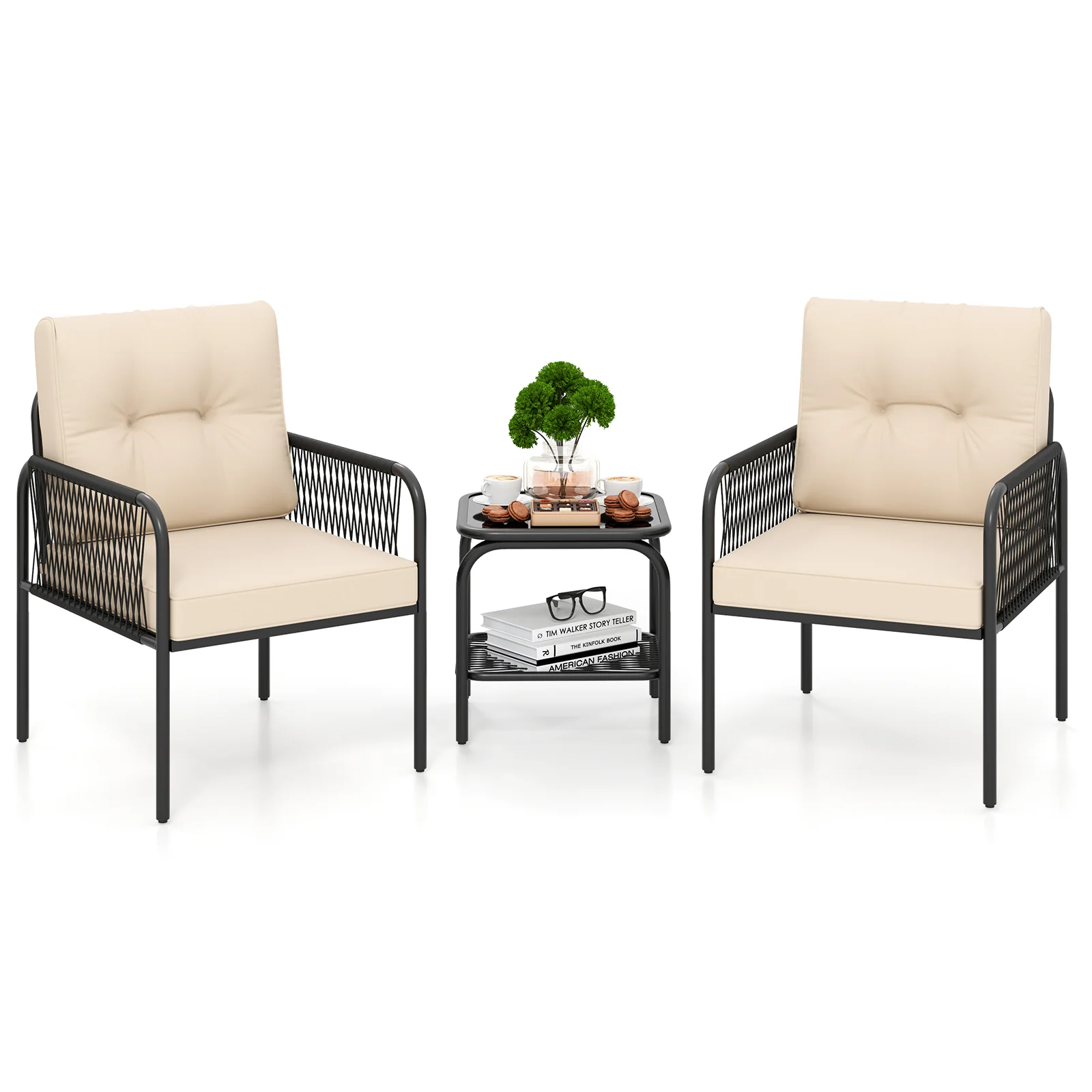 3 Piece Patio Bistro Set, PE Wicker Rattan, Beige - Image 4