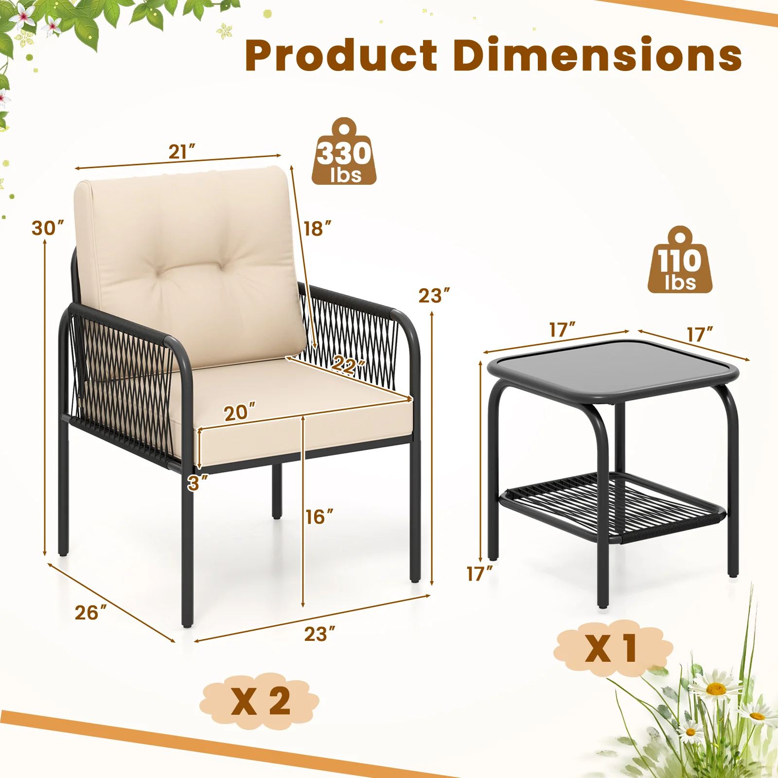 3 Piece Patio Bistro Set, PE Wicker Rattan, Beige - Image 6