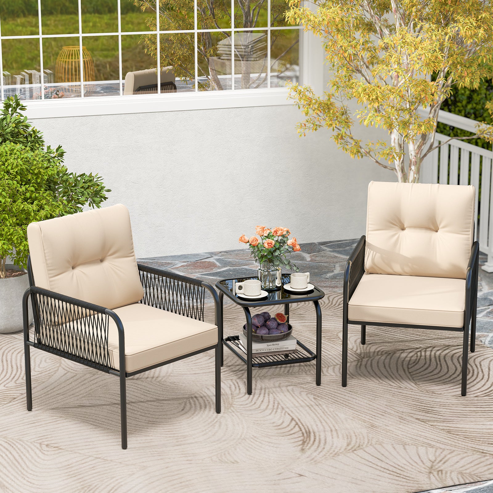 3 Piece Patio Bistro Set, PE Wicker Rattan, Beige - Image 7