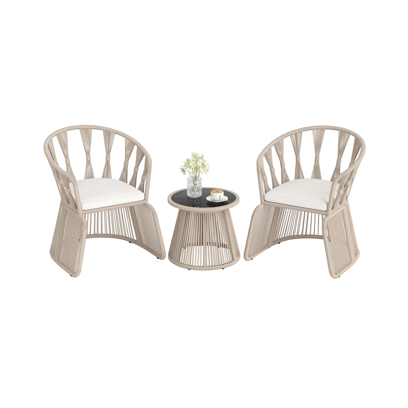 3 Piece Patio Chair Set, Rope-Woven Armchairs, Off White