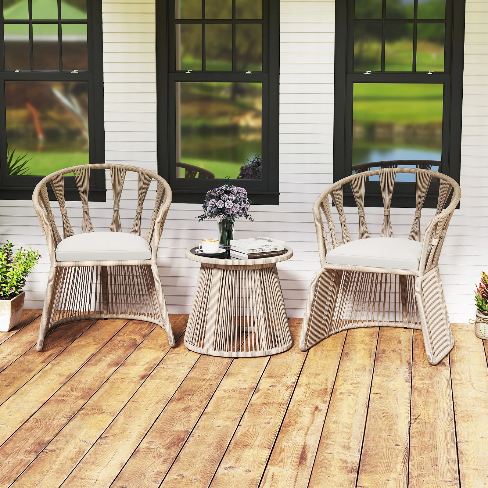 3 Piece Patio Chair Set, Rope-Woven Armchairs, Off White - Image 3