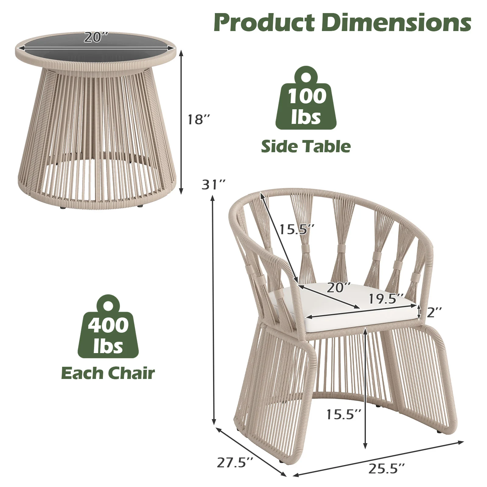 3 Piece Patio Chair Set, Rope-Woven Armchairs, Off White - Image 6