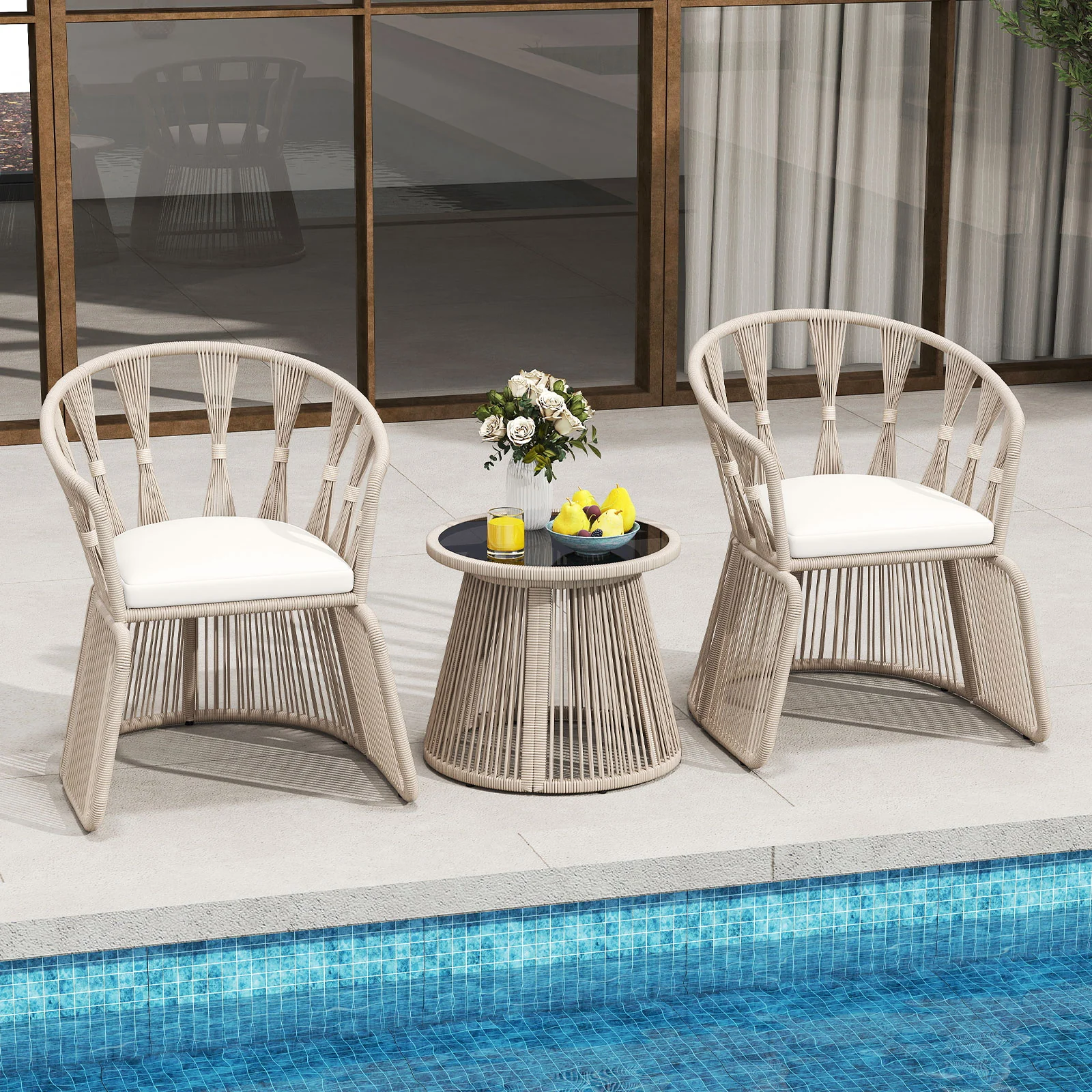 3 Piece Patio Chair Set, Rope-Woven Armchairs, Off White - Image 7