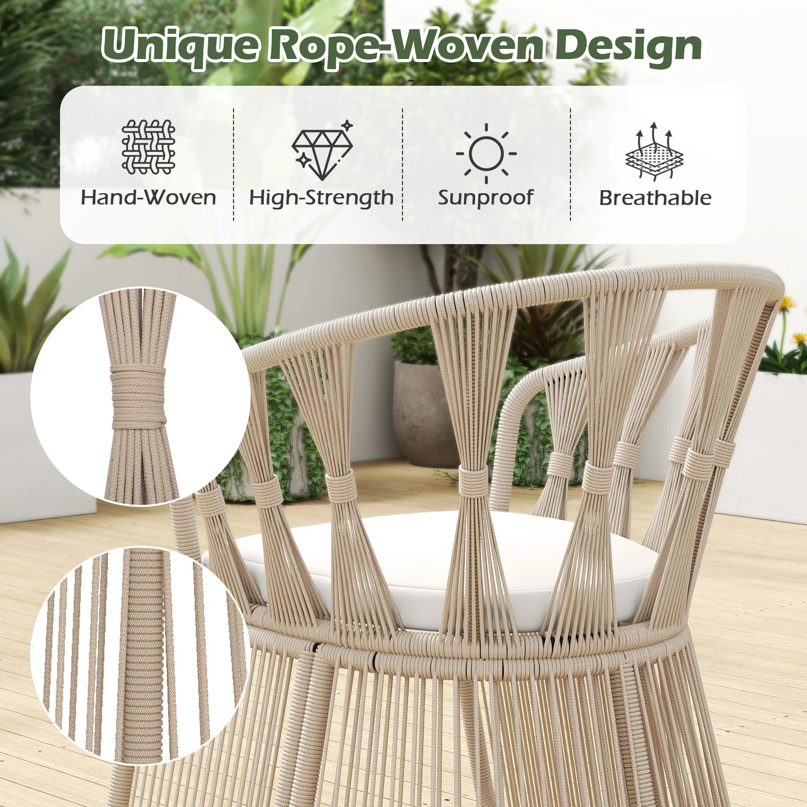 3 Piece Patio Chair Set, Rope-Woven Armchairs, Off White - Image 8