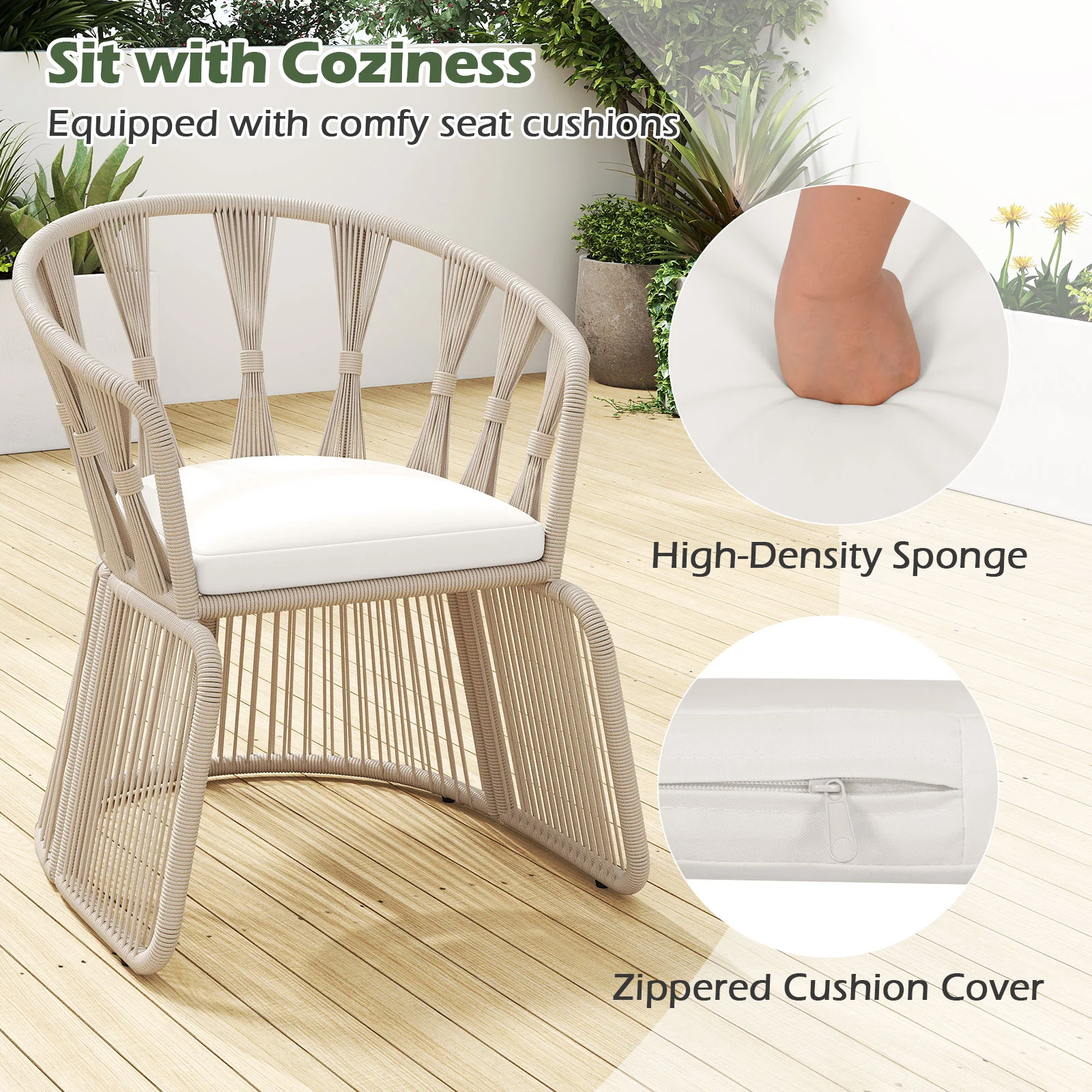 3 Piece Patio Chair Set, Rope-Woven Armchairs, Off White - Image 9