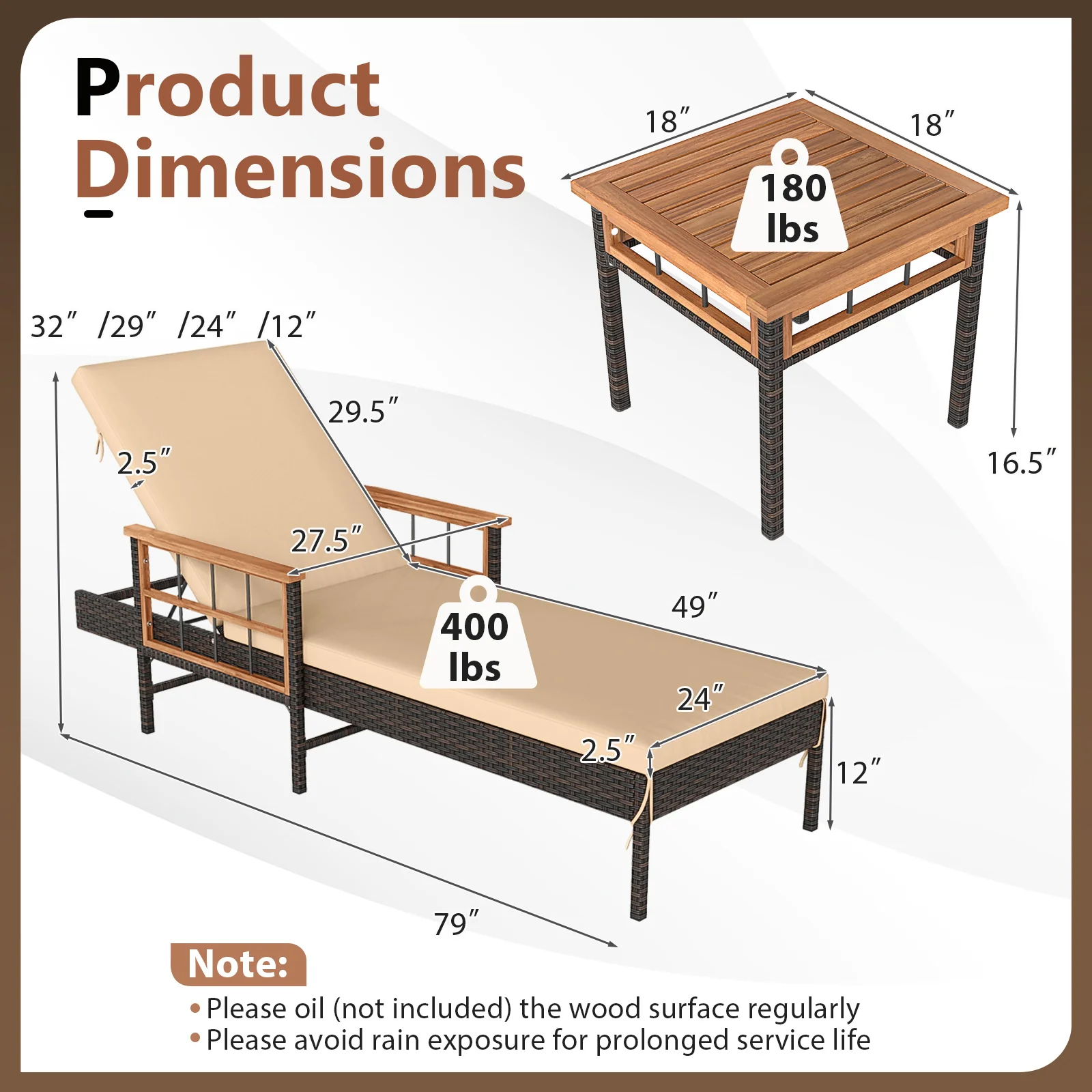 3 Piece Patio Chaise Lounge Set, Poolside - Image 5