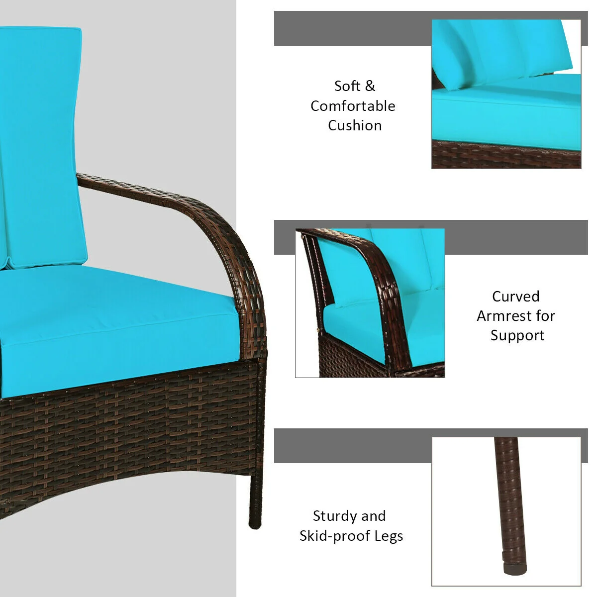 3 Piece Patio Conversation Rattan Set With Cushions, Turquoise - Image 10