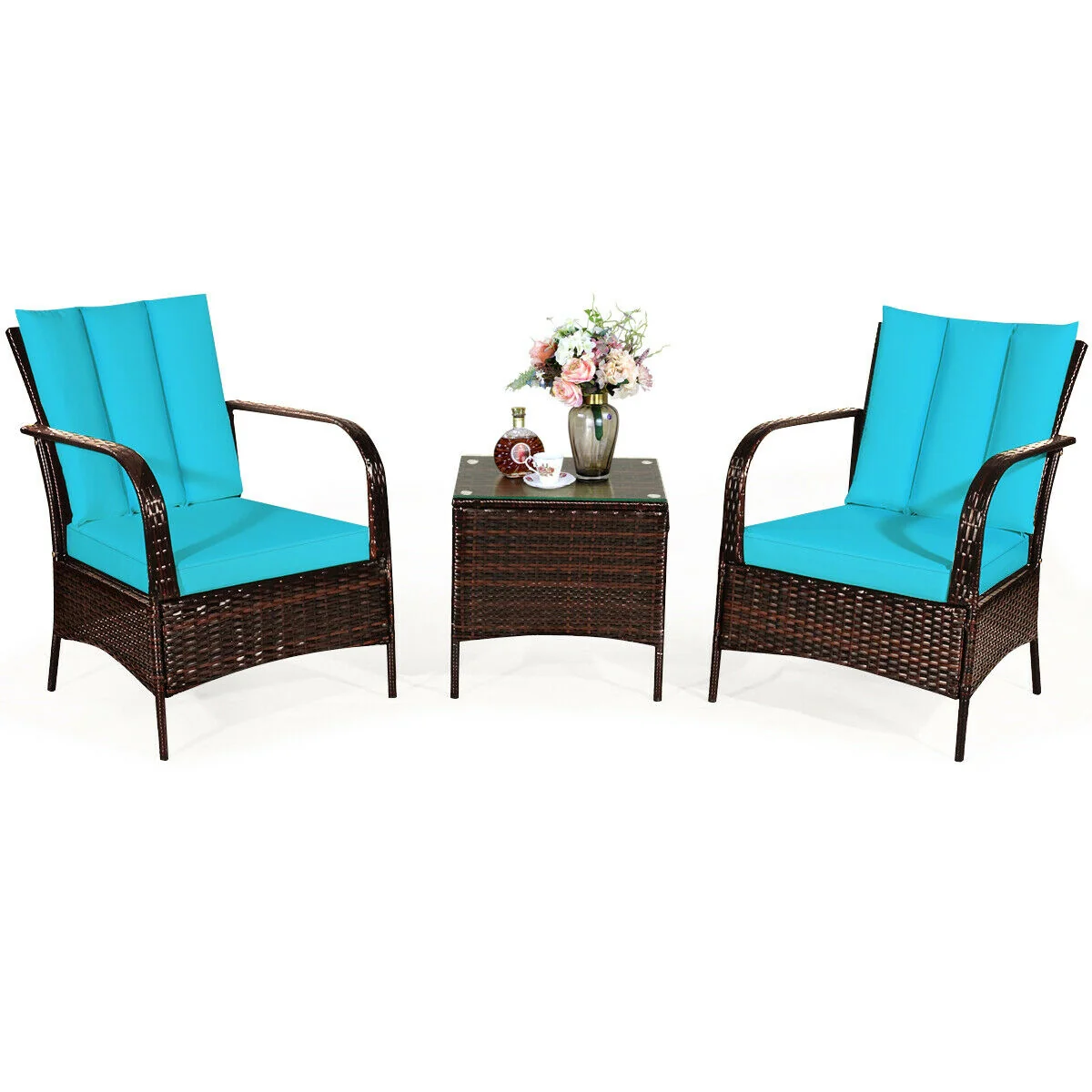 3 Piece Patio Conversation Rattan Set With Cushions, Turquoise - Image 4