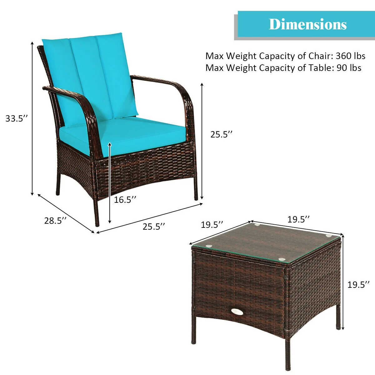 3 Piece Patio Conversation Rattan Set With Cushions, Turquoise - Image 6