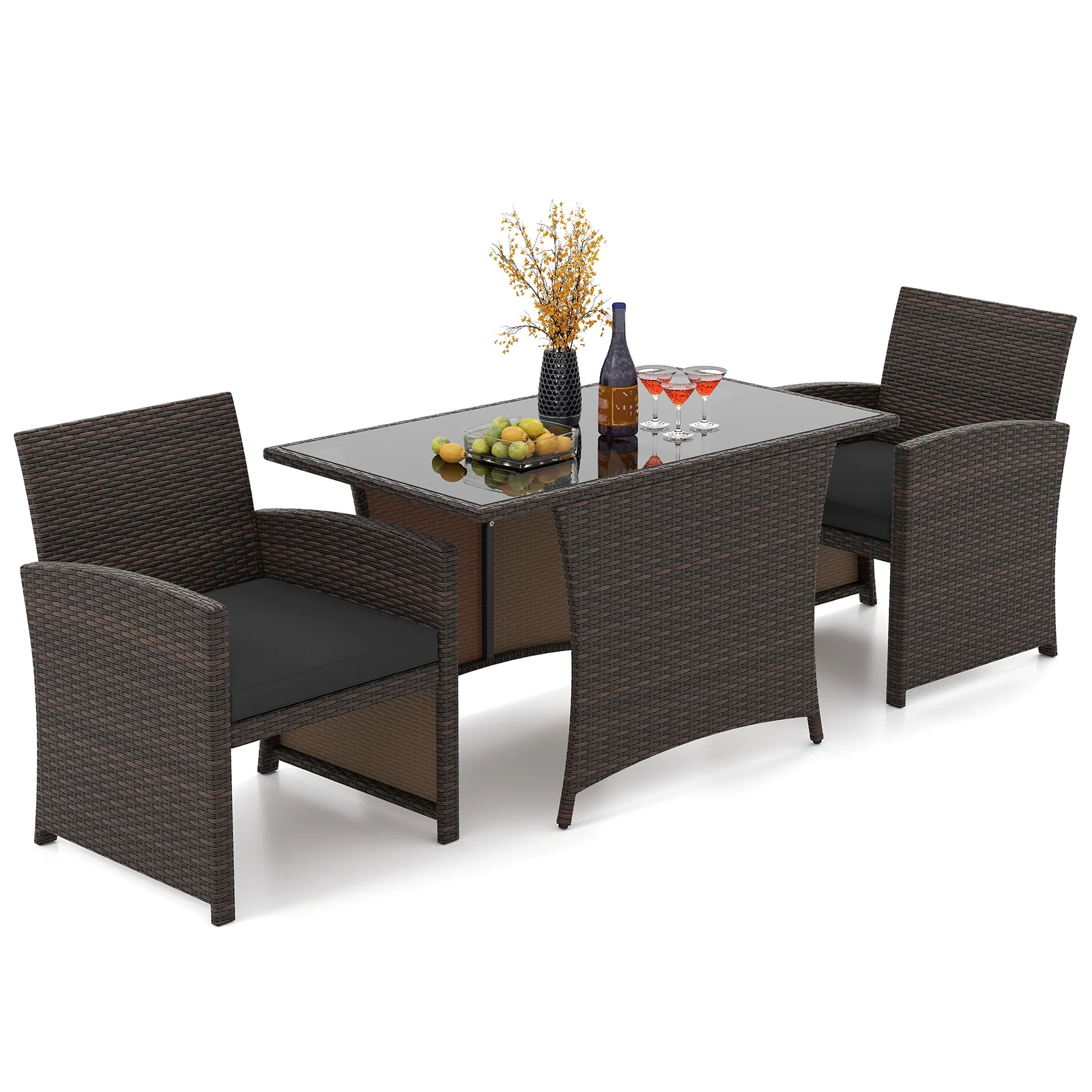 3 Piece Patio Dining Set, Rectangle Tempered Glass Table, Brown