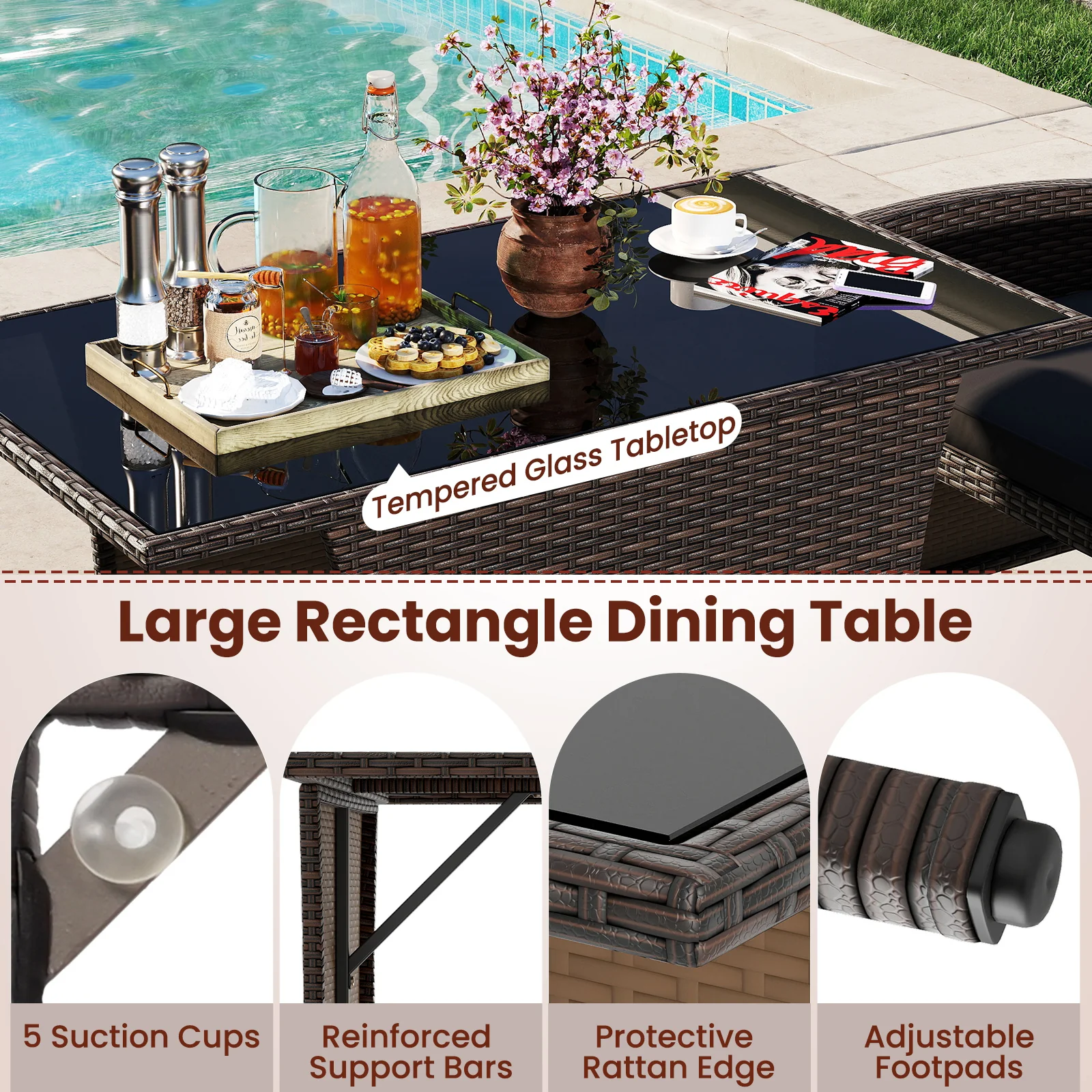 3 Piece Patio Dining Set, Rectangle Tempered Glass Table, Brown - Image 10
