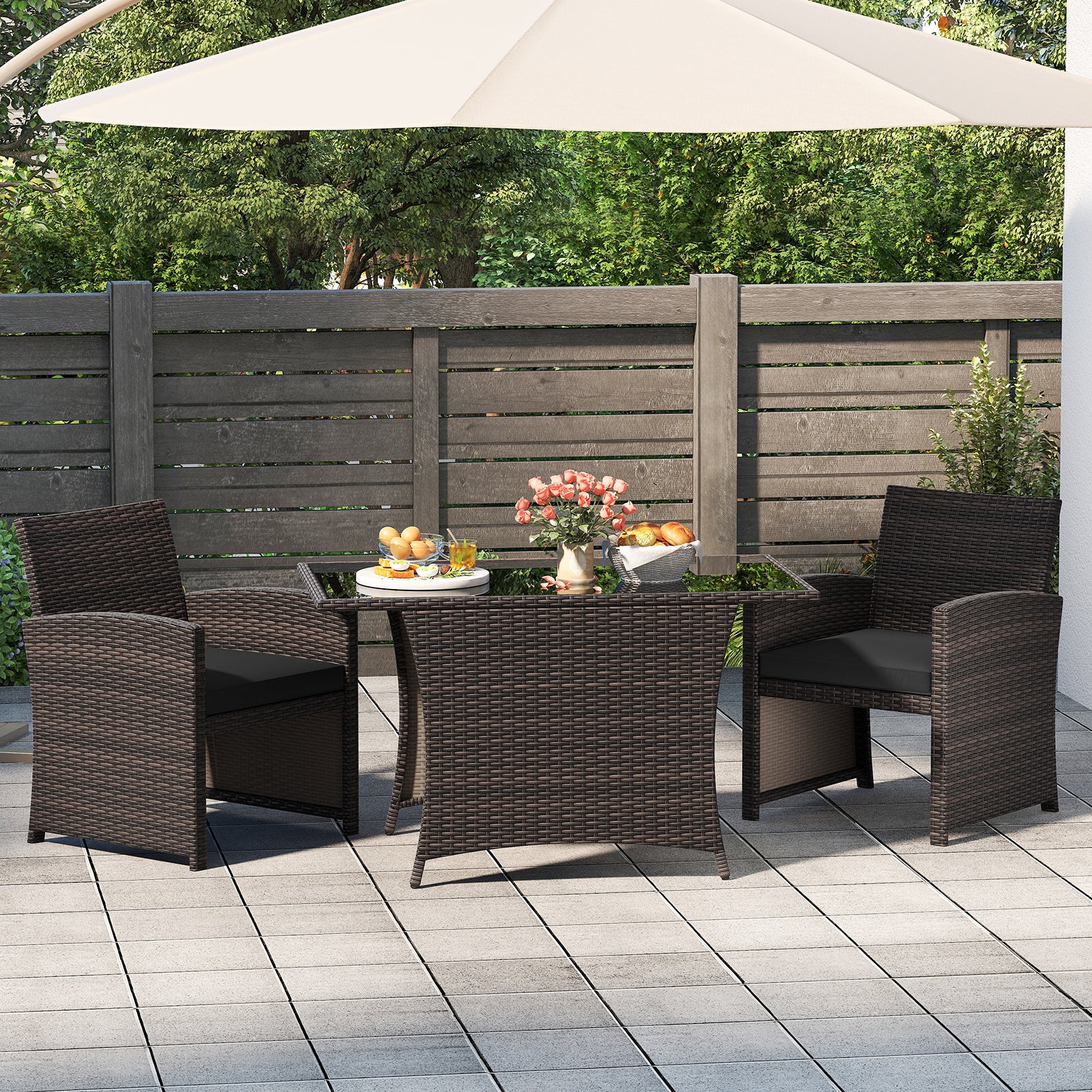 3 Piece Patio Dining Set, Rectangle Tempered Glass Table, Brown - Image 2