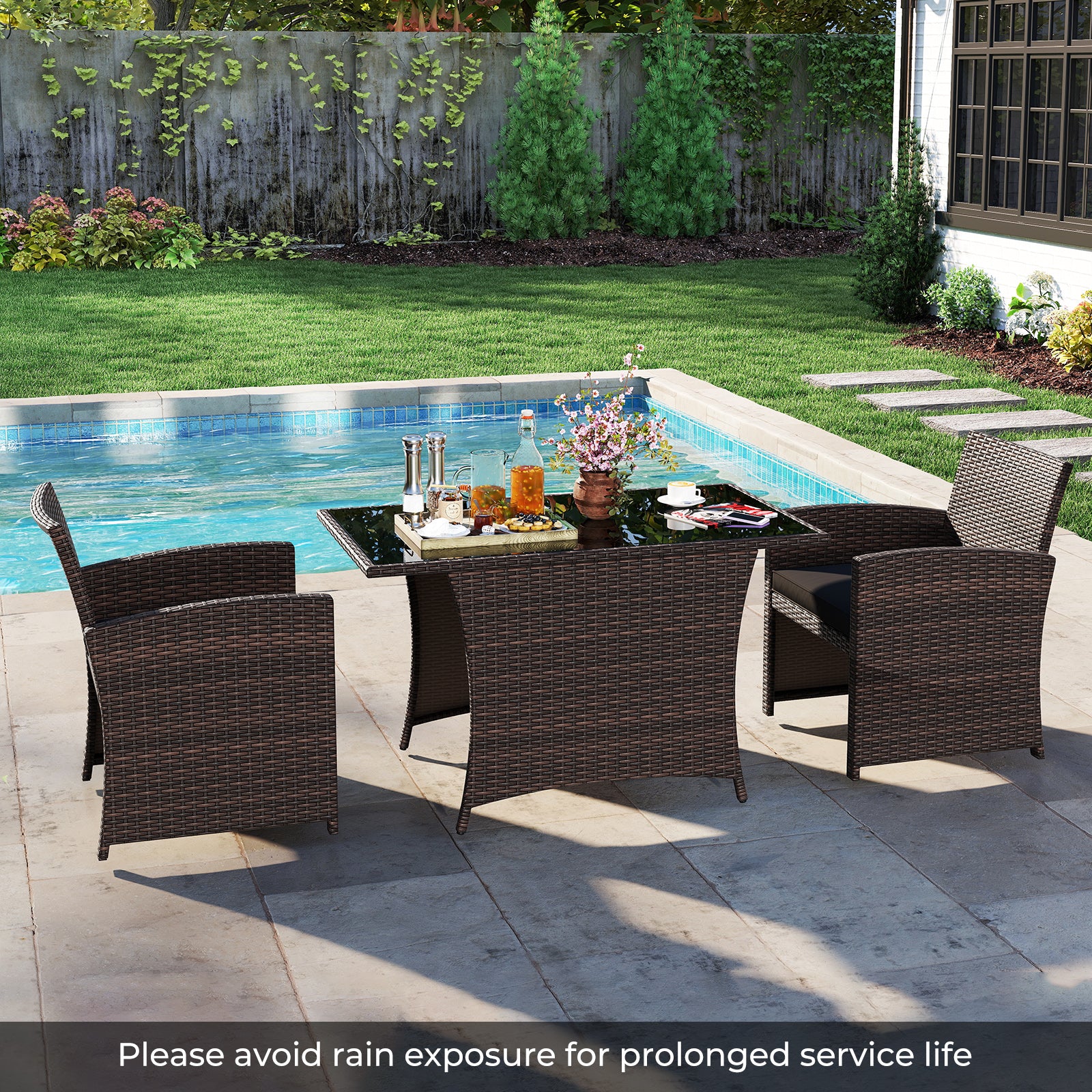 3 Piece Patio Dining Set, Rectangle Tempered Glass Table, Brown - Image 3
