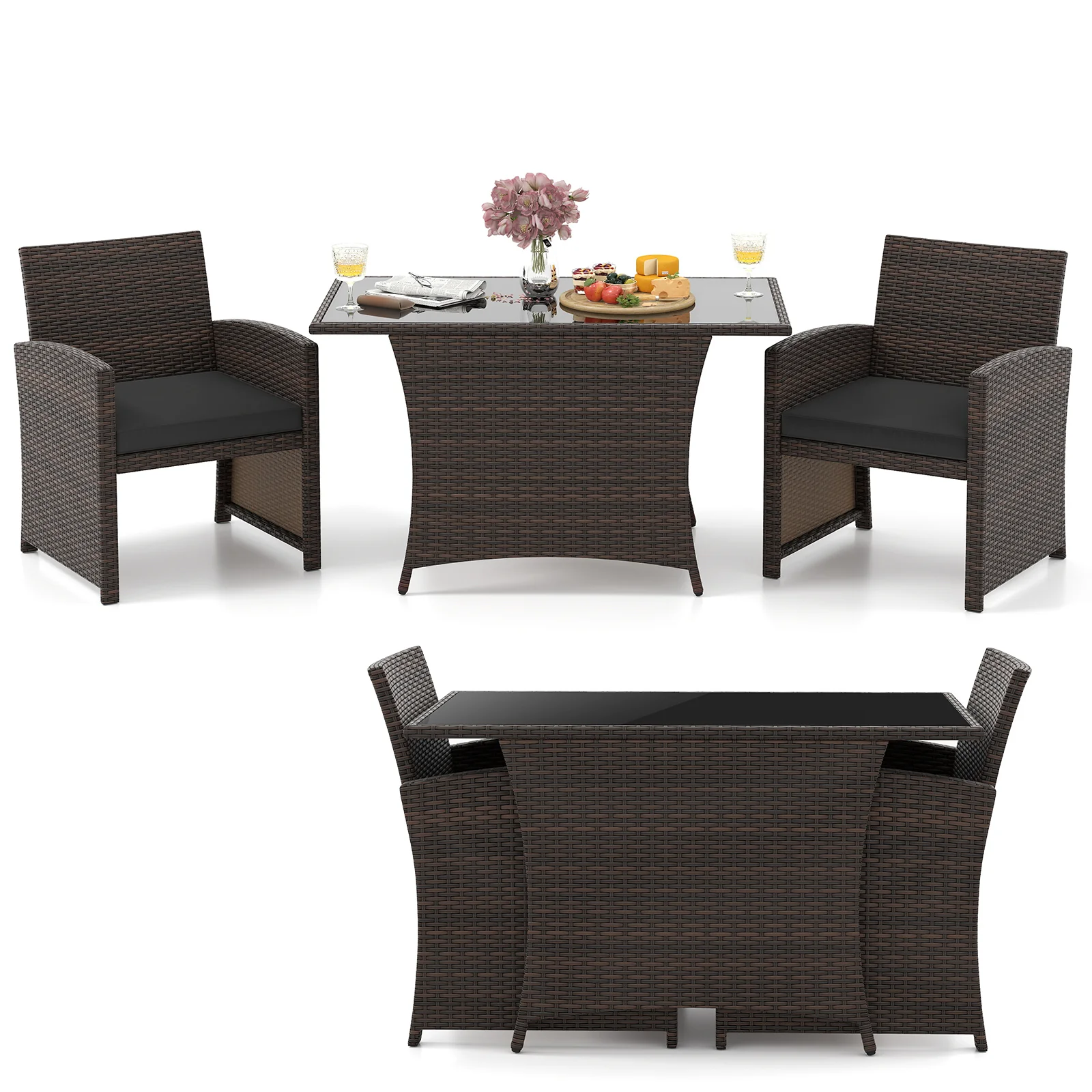 3 Piece Patio Dining Set, Rectangle Tempered Glass Table, Brown - Image 5