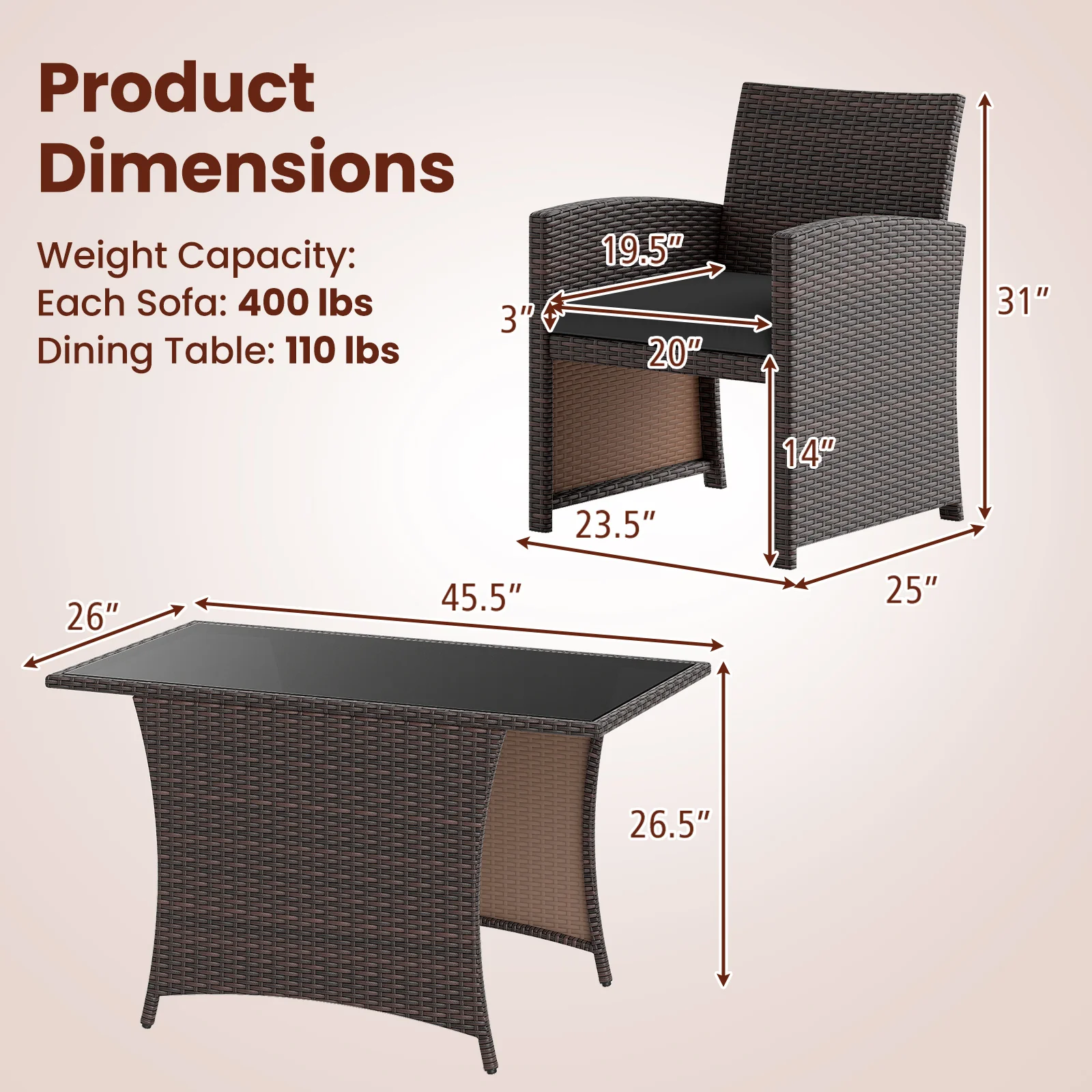 3 Piece Patio Dining Set, Rectangle Tempered Glass Table, Brown - Image 6