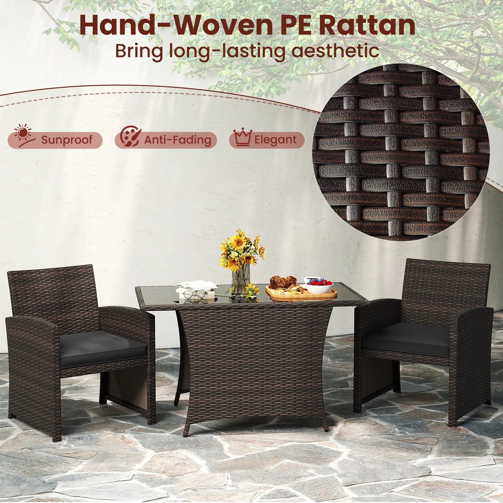 3 Piece Patio Dining Set, Rectangle Tempered Glass Table, Brown - Image 7