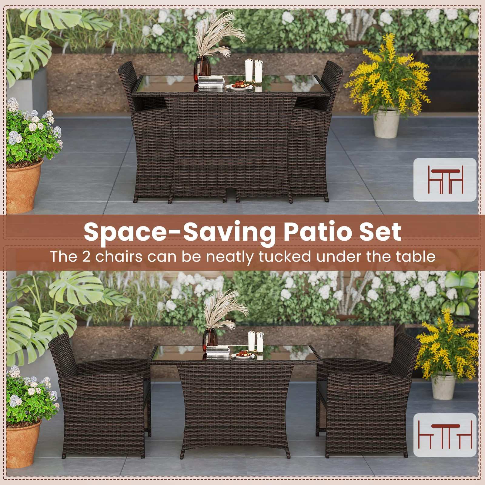 3 Piece Patio Dining Set, Rectangle Tempered Glass Table, Brown - Image 9
