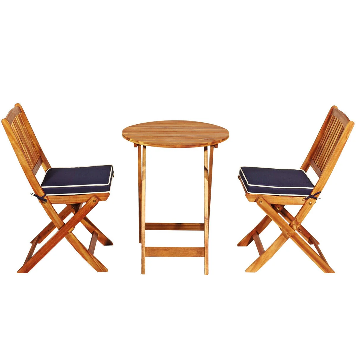 3 Piece Patio Folding Wooden Bistro Set, Cushioned Chair, Navy - Image 10
