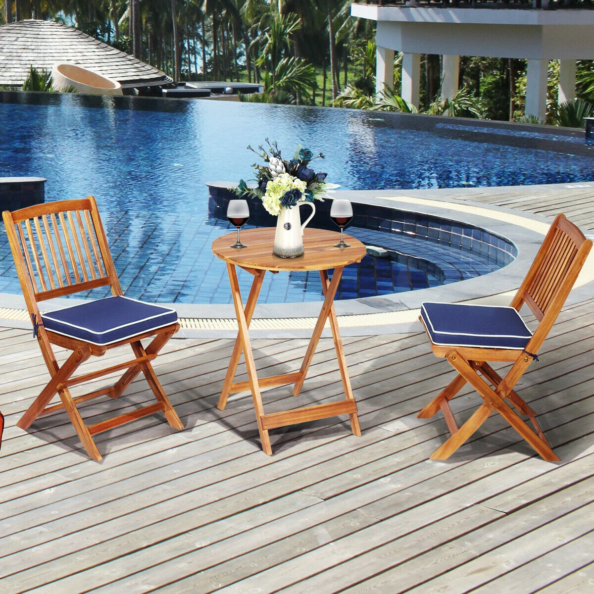 3 Piece Patio Folding Wooden Bistro Set, Cushioned Chair, Navy - Image 2