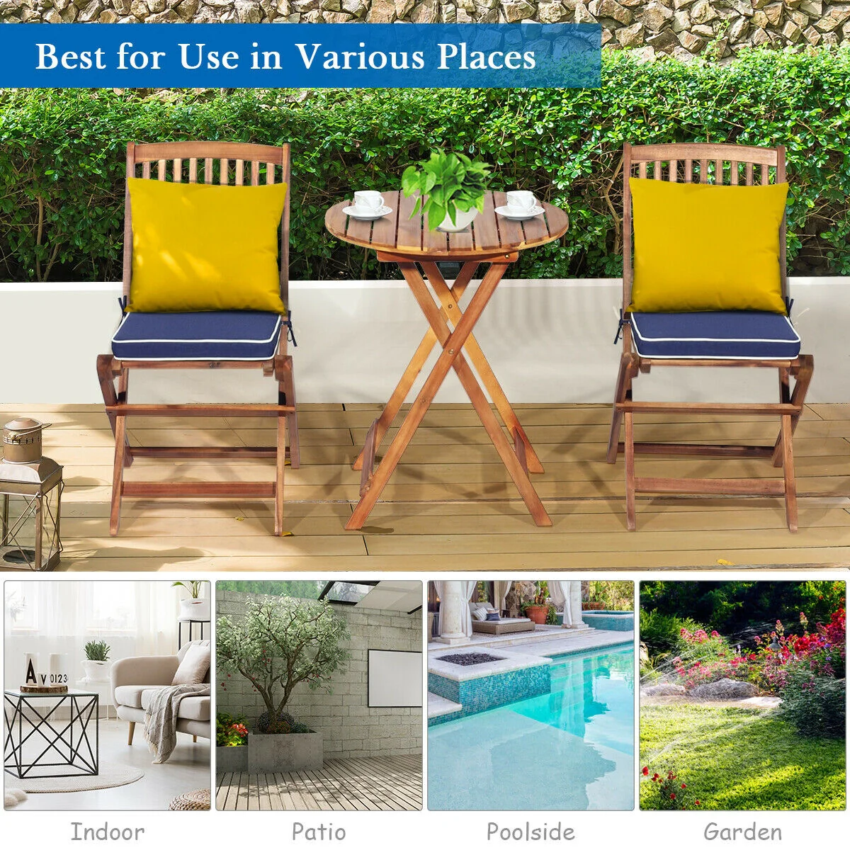 3 Piece Patio Folding Wooden Bistro Set, Cushioned Chair, Navy - Image 3