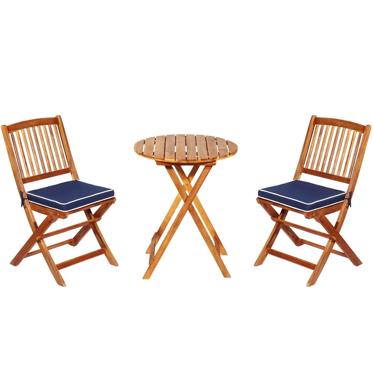 3 Piece Patio Folding Wooden Bistro Set, Cushioned Chair, Navy - Image 4