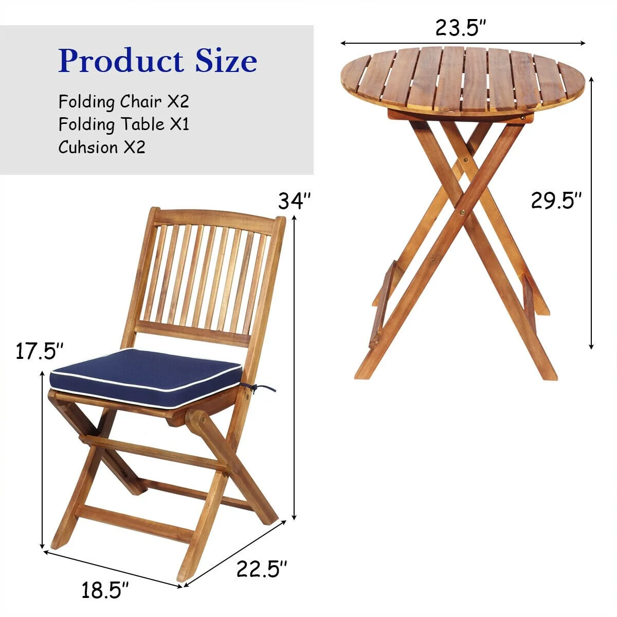 3 Piece Patio Folding Wooden Bistro Set, Cushioned Chair, Navy - Image 5
