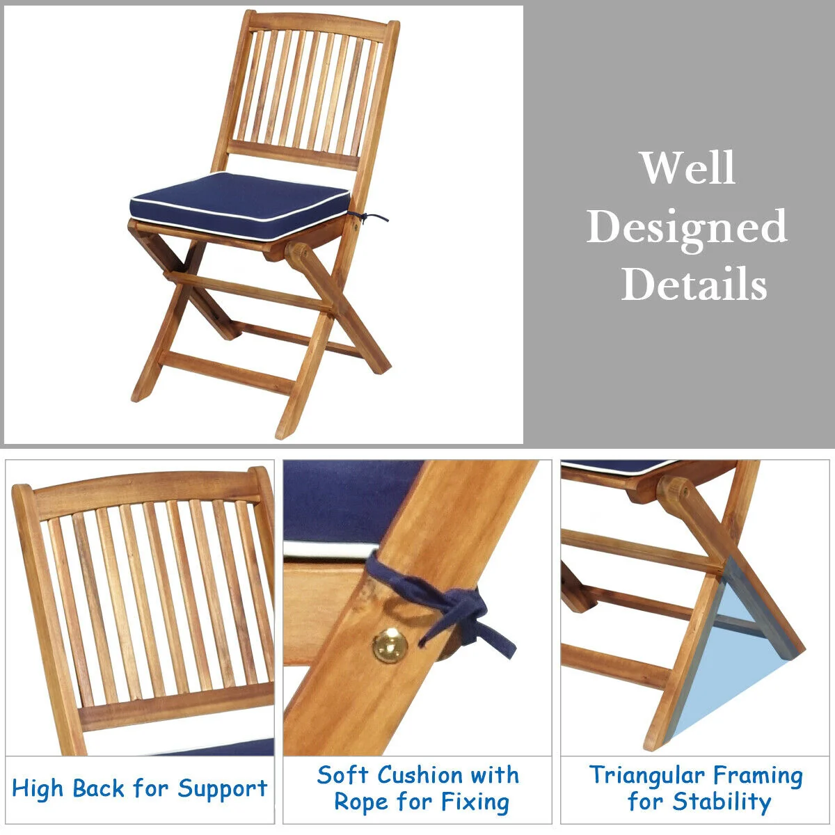 3 Piece Patio Folding Wooden Bistro Set, Cushioned Chair, Navy - Image 6