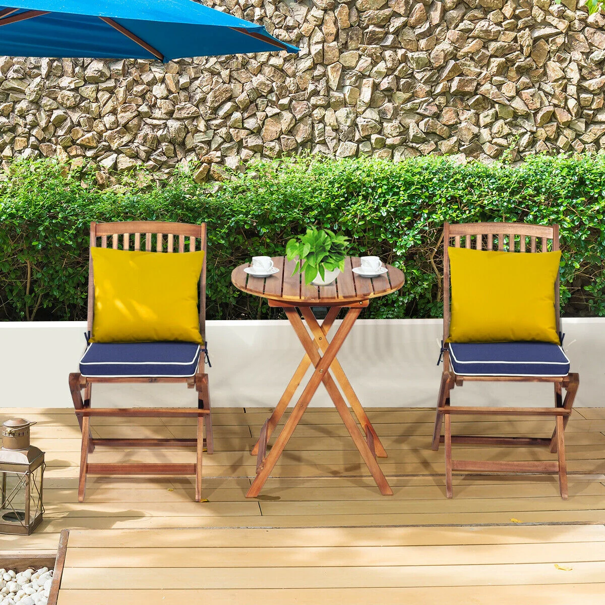 3 Piece Patio Folding Wooden Bistro Set, Cushioned Chair, Navy - Image 7