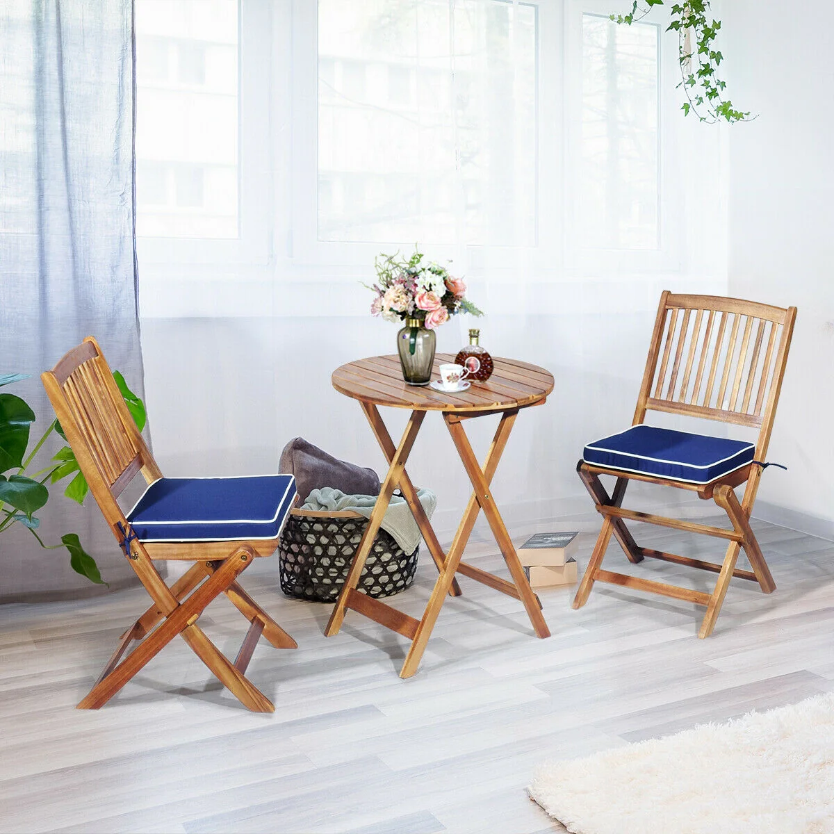 3 Piece Patio Folding Wooden Bistro Set, Cushioned Chair, Navy - Image 8