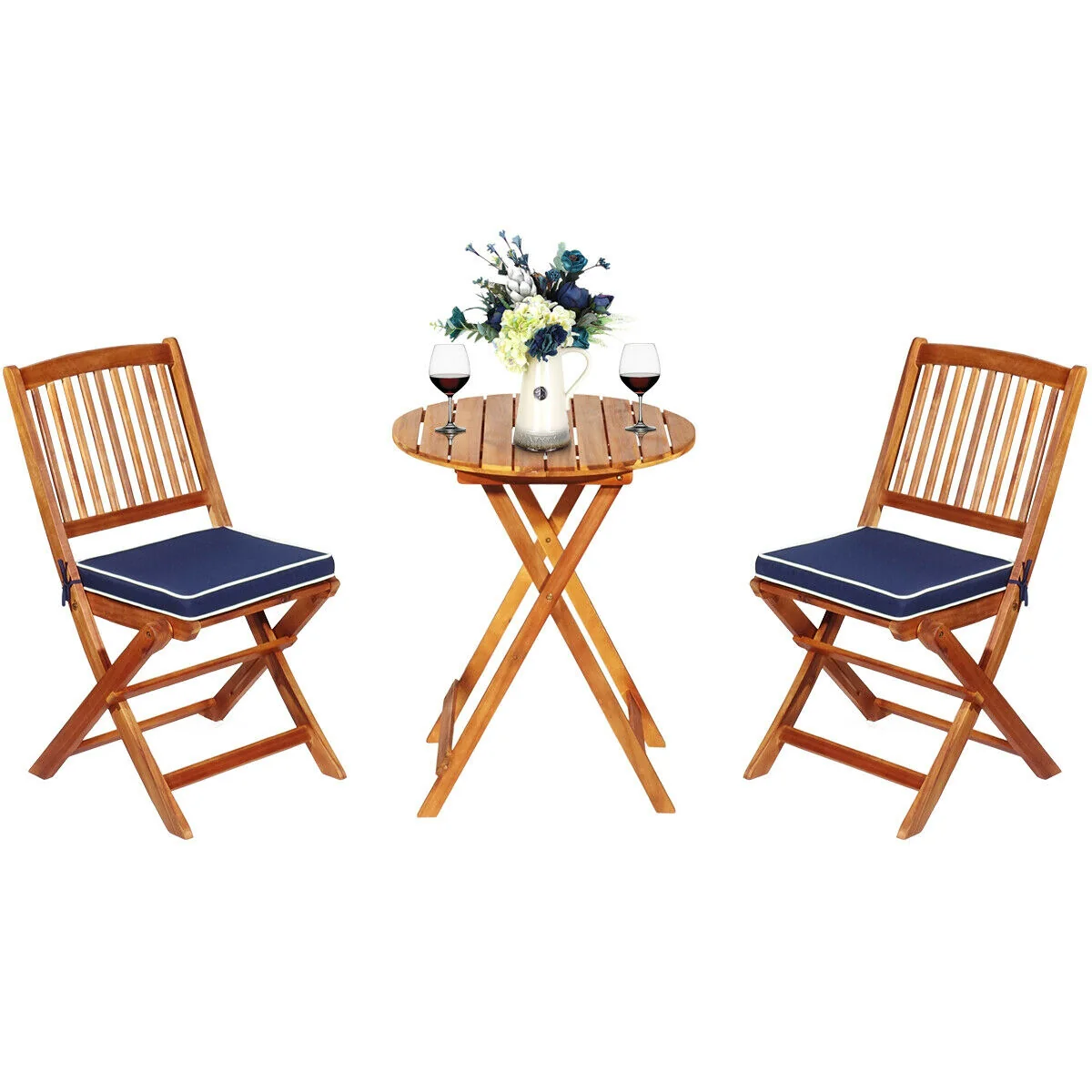 3 Piece Patio Folding Wooden Bistro Set, Cushioned Chair, Navy - Image 9