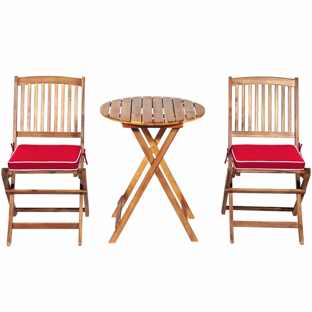3 Piece Patio Folding Wooden Bistro Set, Cushioned Chair, Red - Image 10