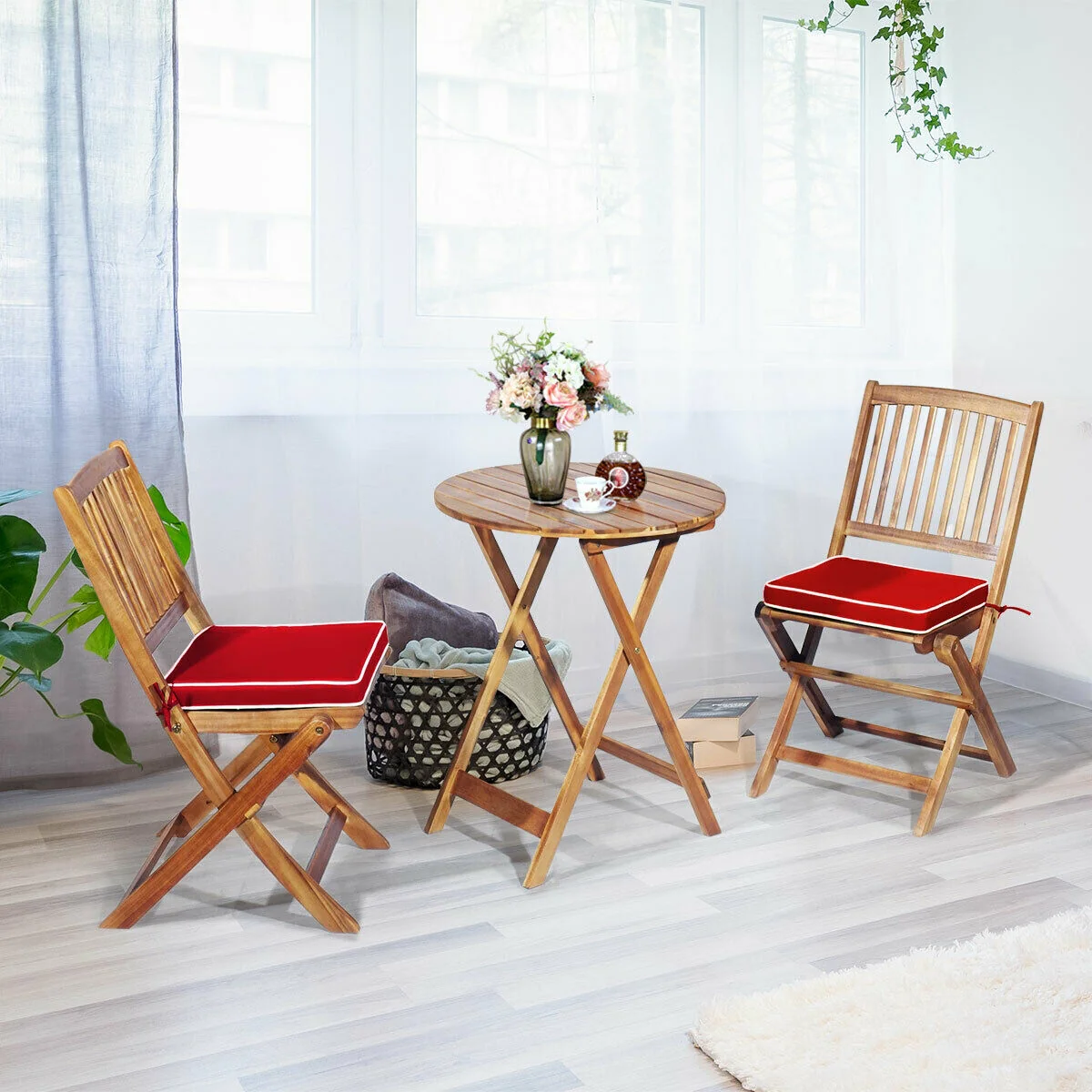3 Piece Patio Folding Wooden Bistro Set, Cushioned Chair, Red - Image 2