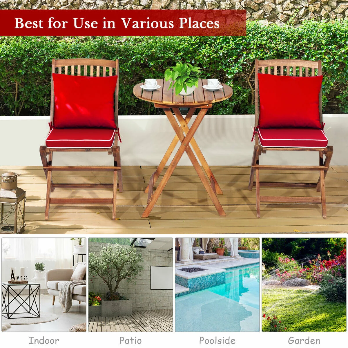 3 Piece Patio Folding Wooden Bistro Set, Cushioned Chair, Red - Image 3