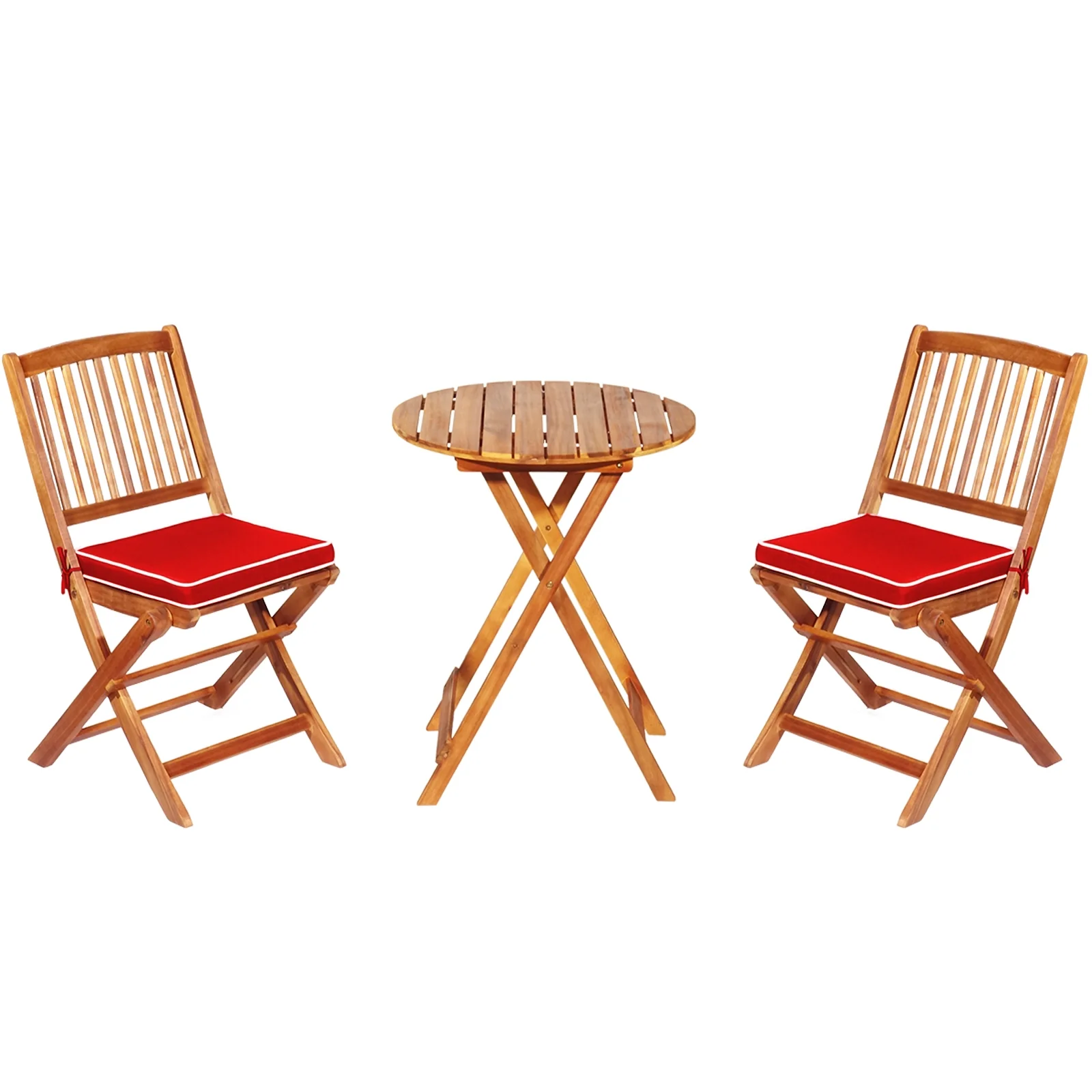 3 Piece Patio Folding Wooden Bistro Set, Cushioned Chair, Red - Image 4