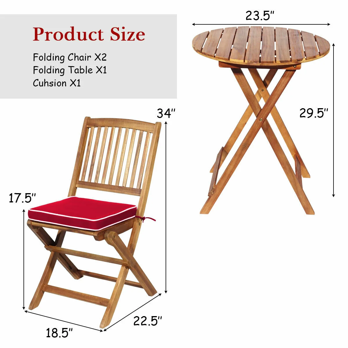 3 Piece Patio Folding Wooden Bistro Set, Cushioned Chair, Red - Image 5