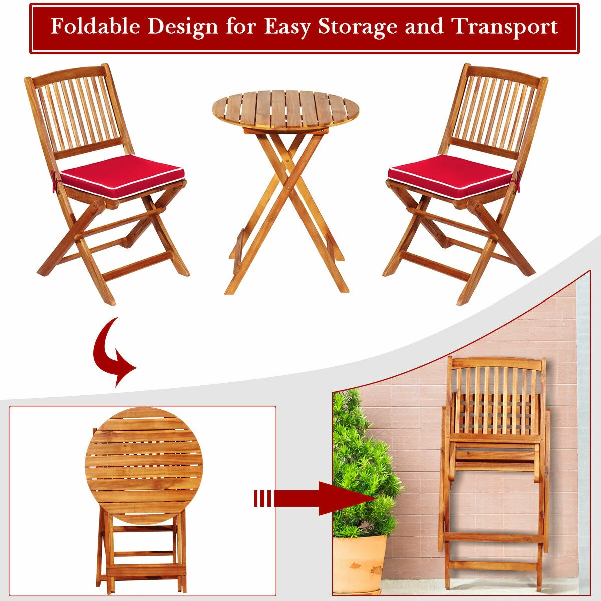 3 Piece Patio Folding Wooden Bistro Set, Cushioned Chair, Red - Image 6