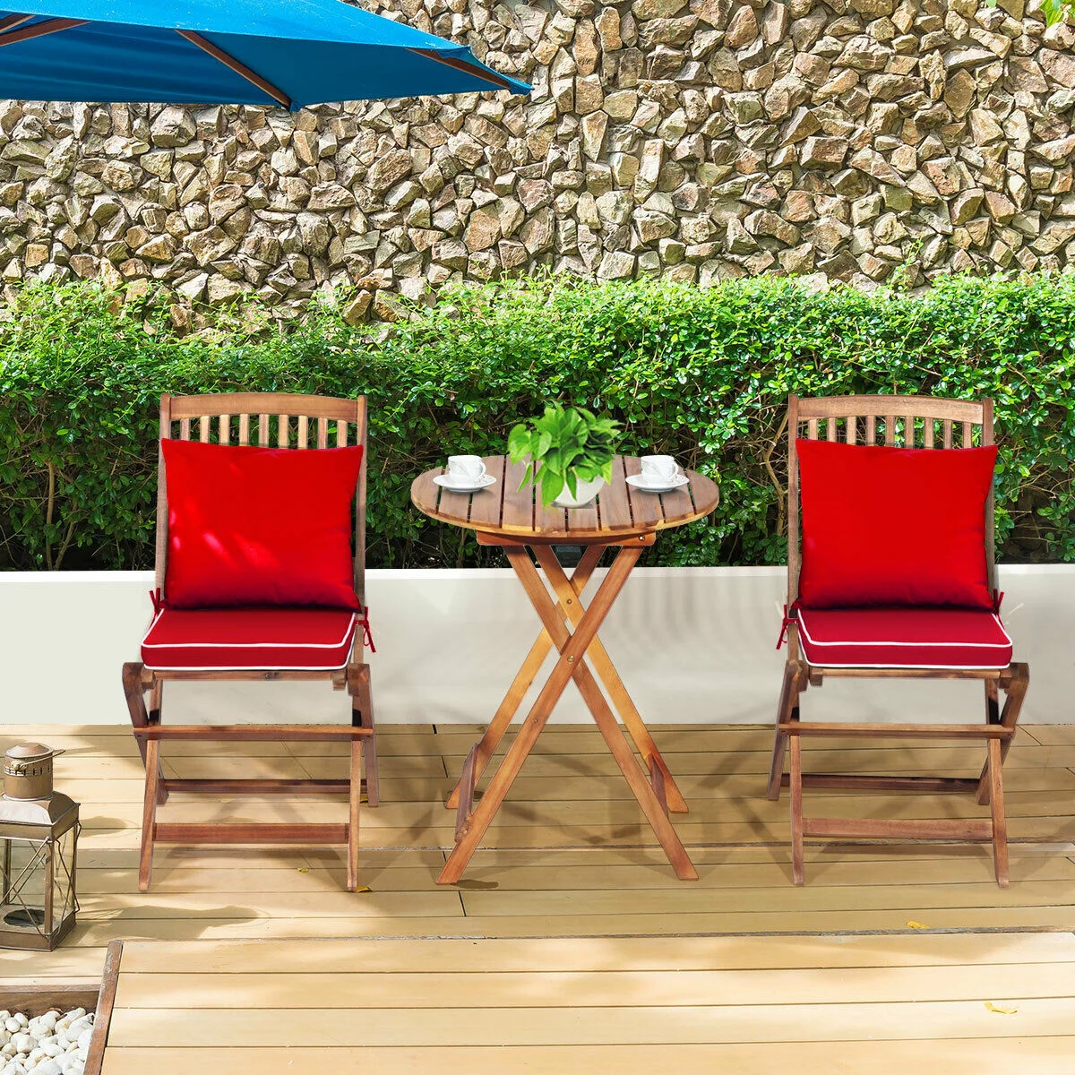 3 Piece Patio Folding Wooden Bistro Set, Cushioned Chair, Red - Image 8