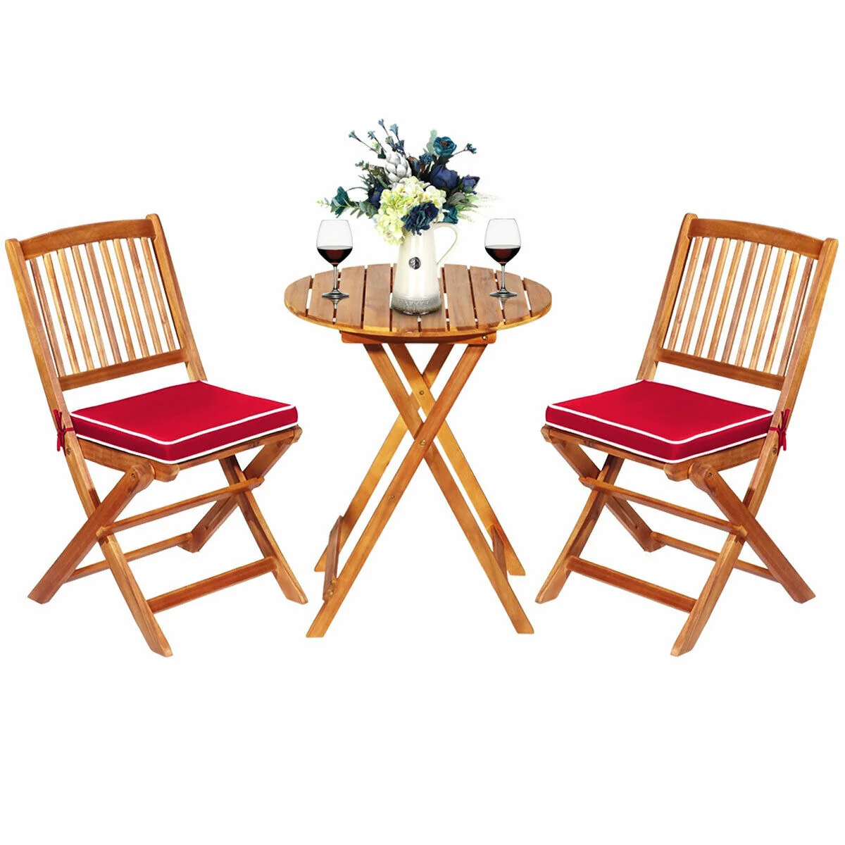 3 Piece Patio Folding Wooden Bistro Set, Cushioned Chair, Red - Image 9