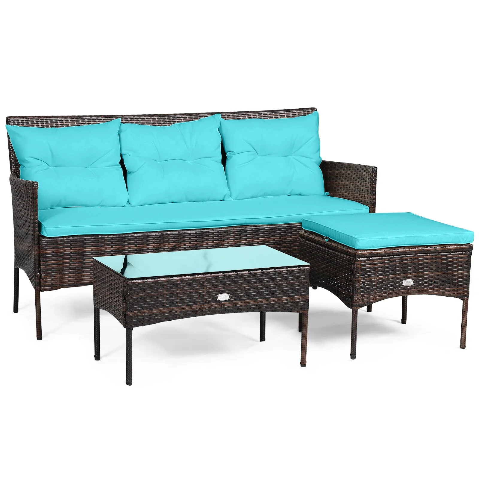 3 Piece Patio Furniture Sectional Set, 5 Seat Cushions, Turquoise