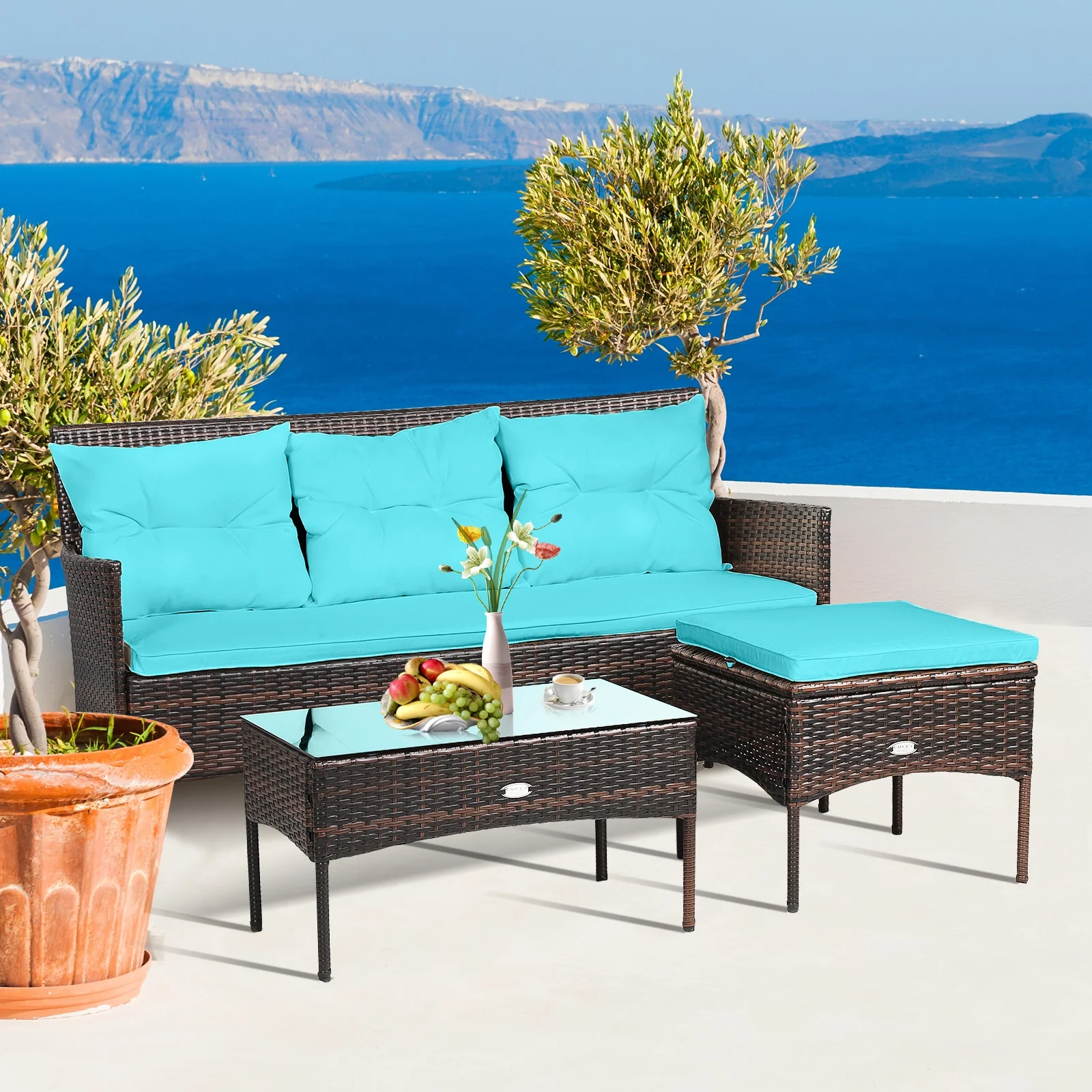 3 Piece Patio Furniture Sectional Set, 5 Seat Cushions, Turquoise - Image 2