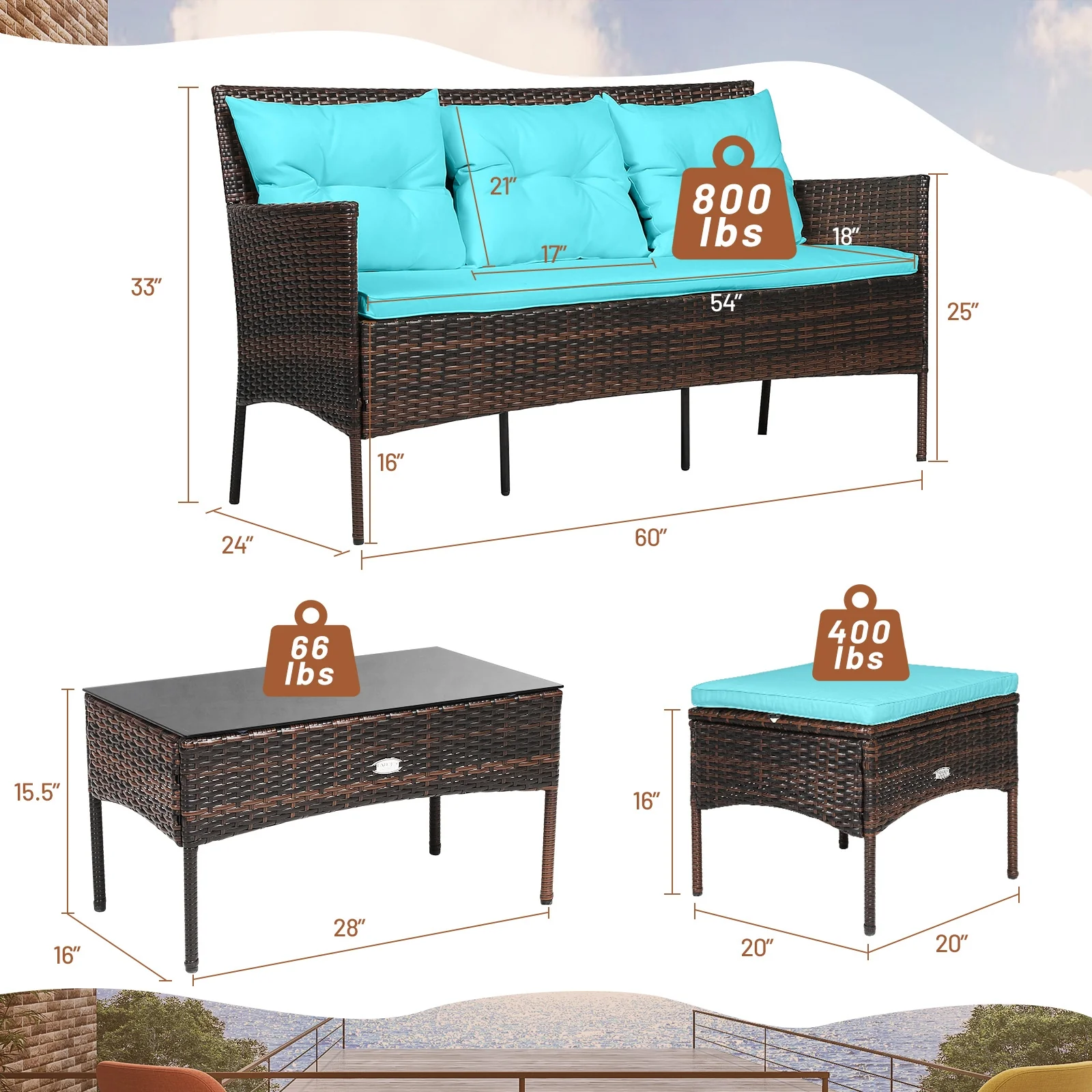 3 Piece Patio Furniture Sectional Set, 5 Seat Cushions, Turquoise - Image 5